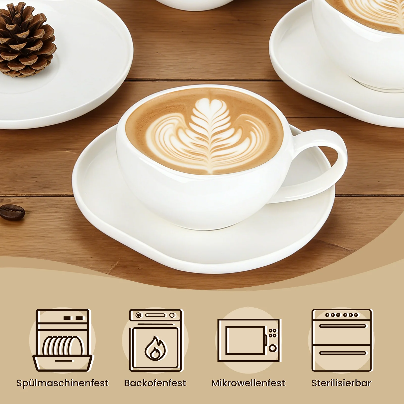 6-teiliges Keramik Cappuccinotassen Set mit Untertassen (200ml), gewelltes Design, Weiß/Creme, spülmaschinen- & mikrowellenfest - Image 8