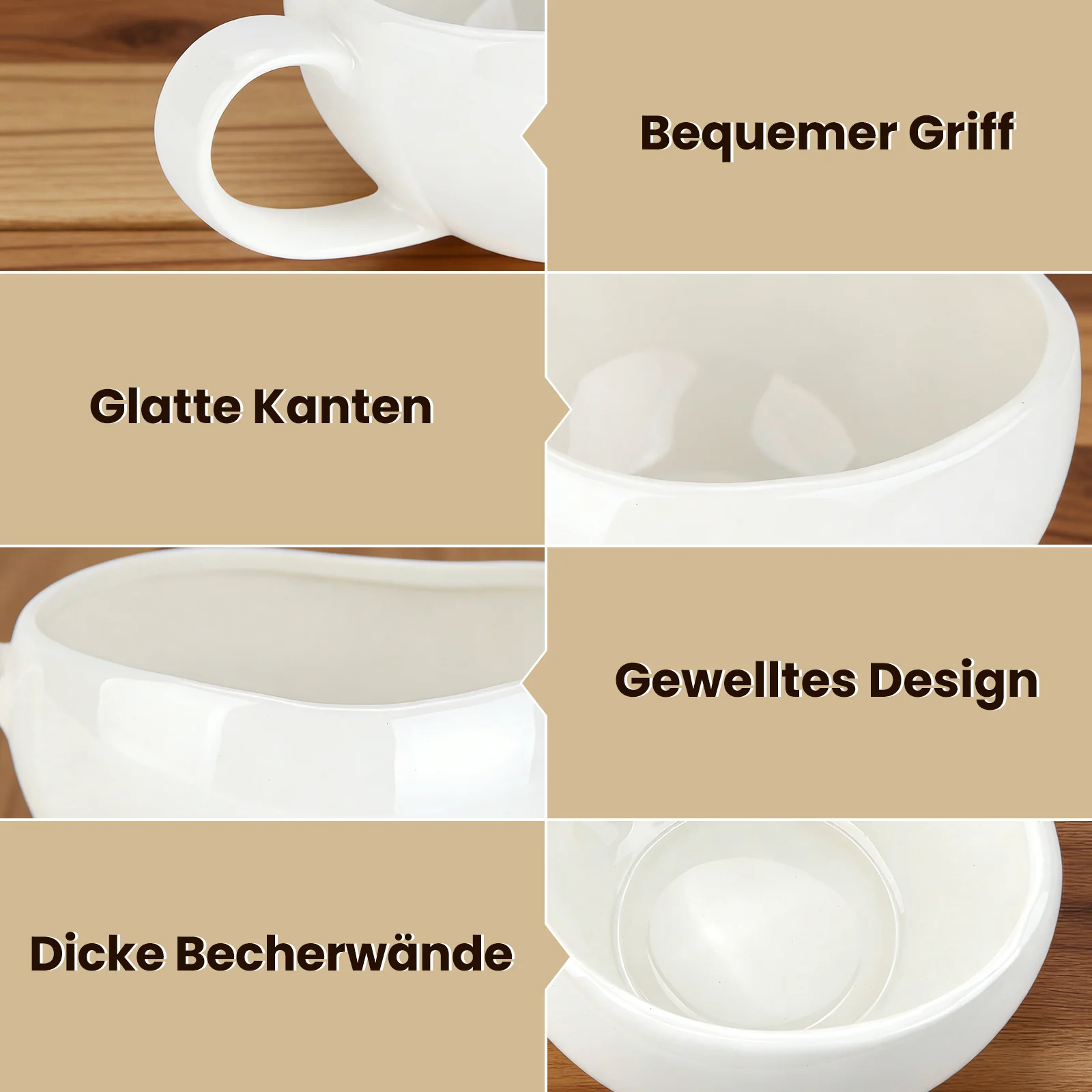 6-teiliges Keramik Cappuccinotassen Set mit Untertassen (200ml), gewelltes Design, Weiß/Creme, spülmaschinen- & mikrowellenfest - Image 9