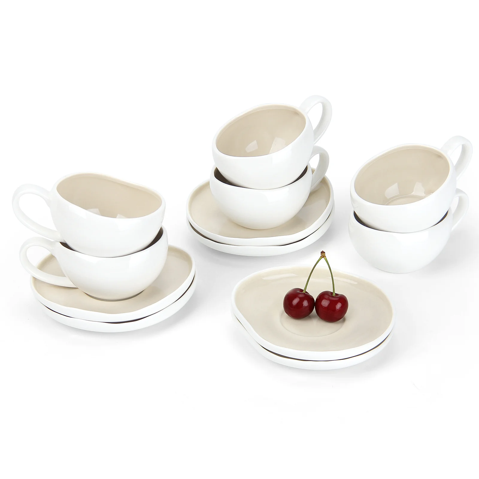 6-teiliges Keramik Espressotassen Set mit Untertassen (120ml), gewelltes Design, Weiß/Creme, mikrowellen- & spülmaschinenfest - Image 10