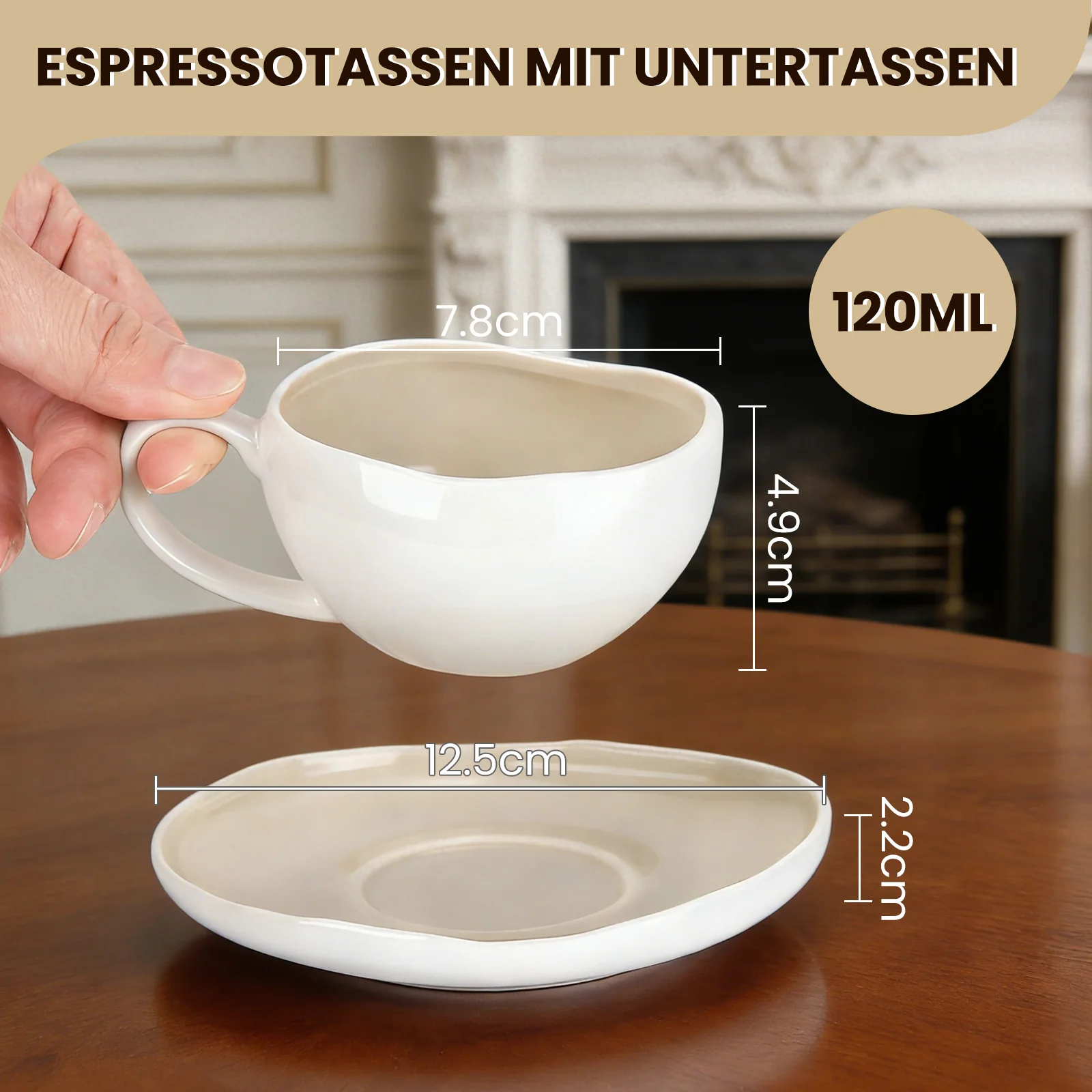 6-teiliges Keramik Espressotassen Set mit Untertassen (120ml), gewelltes Design, Weiß/Creme, mikrowellen- & spülmaschinenfest - Image 12