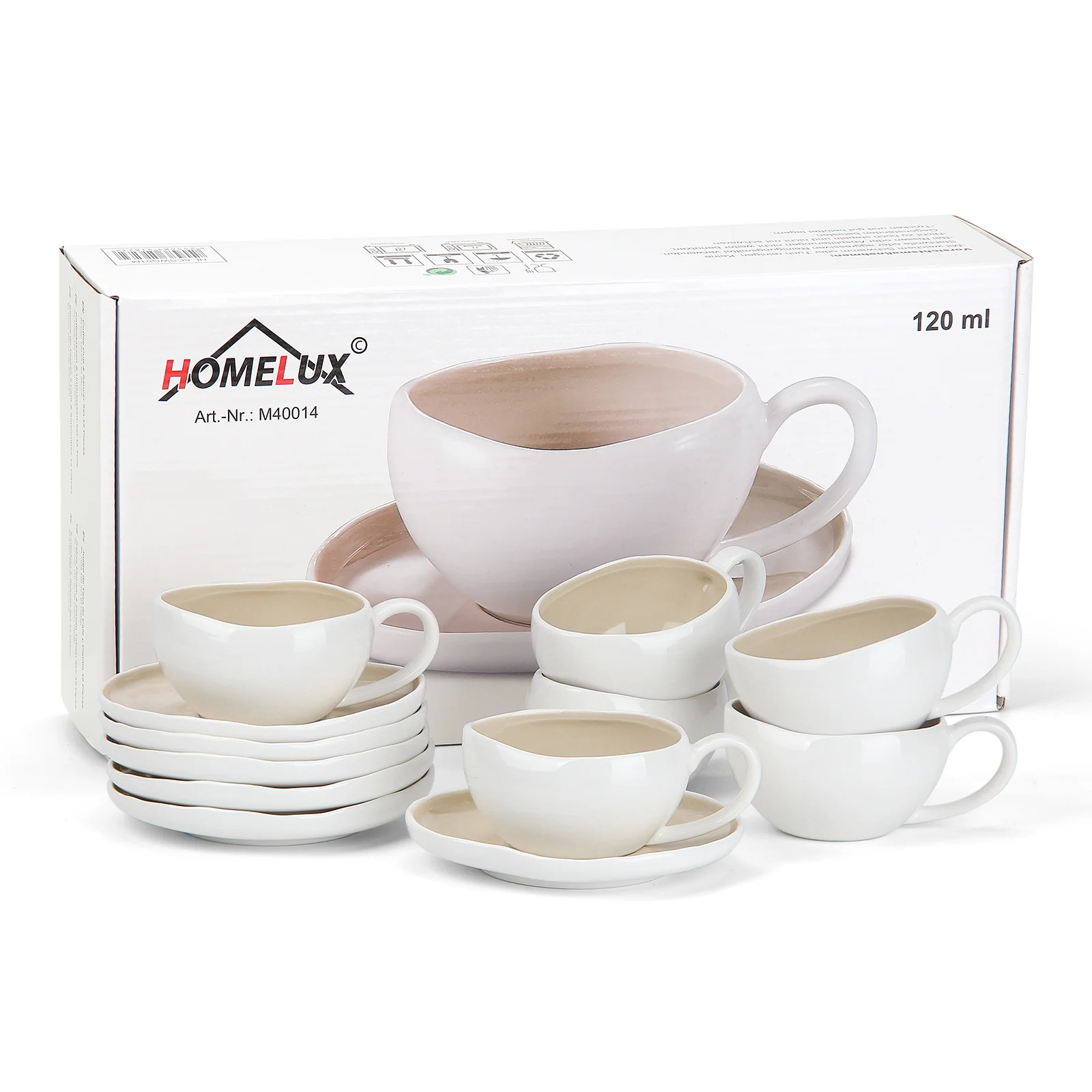 6-teiliges Keramik Espressotassen Set mit Untertassen (120ml), gewelltes Design, Weiß/Creme, mikrowellen- & spülmaschinenfest - Image 2