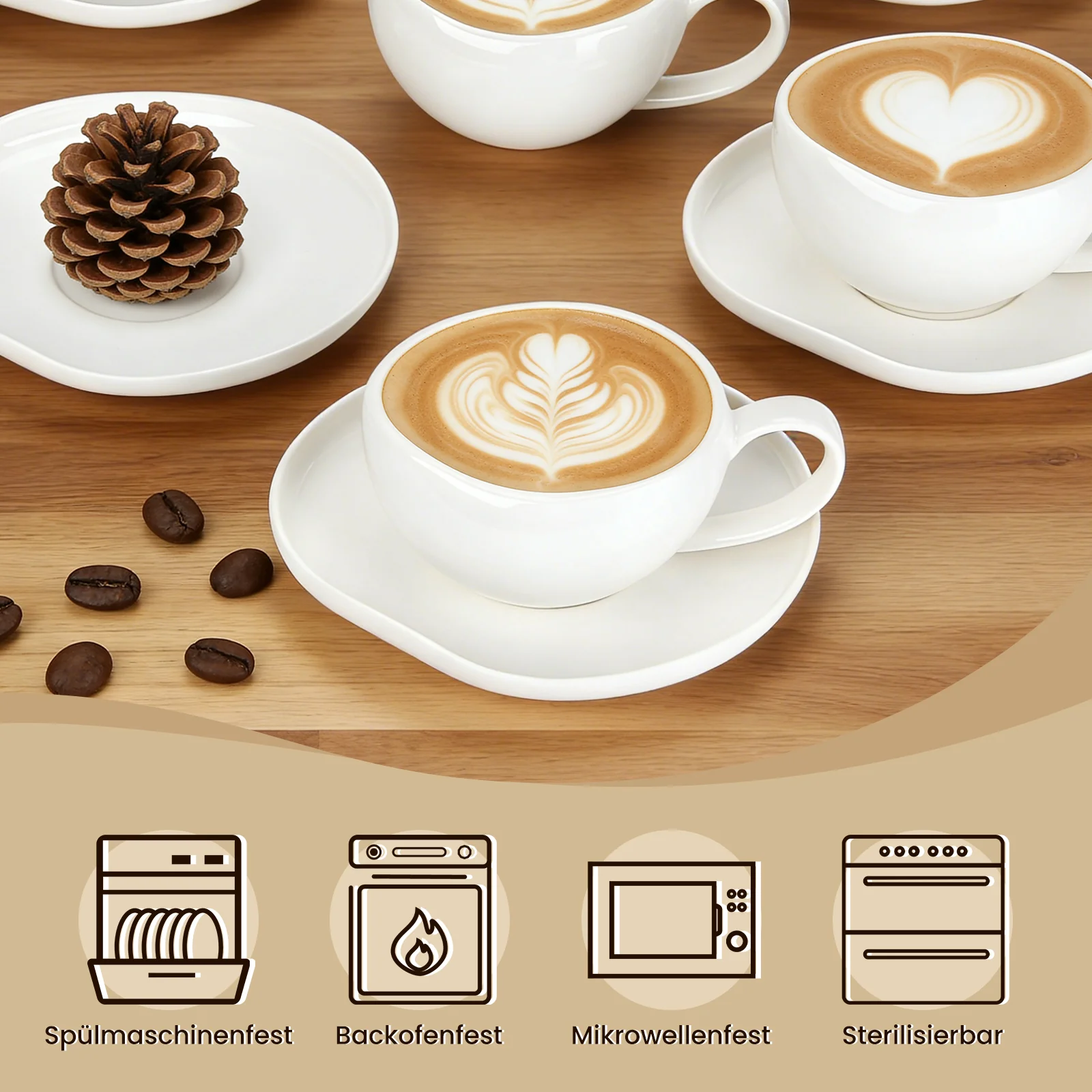 6-teiliges Keramik Espressotassen Set mit Untertassen (120ml), gewelltes Design, Weiß/Creme, mikrowellen- & spülmaschinenfest - Image 5