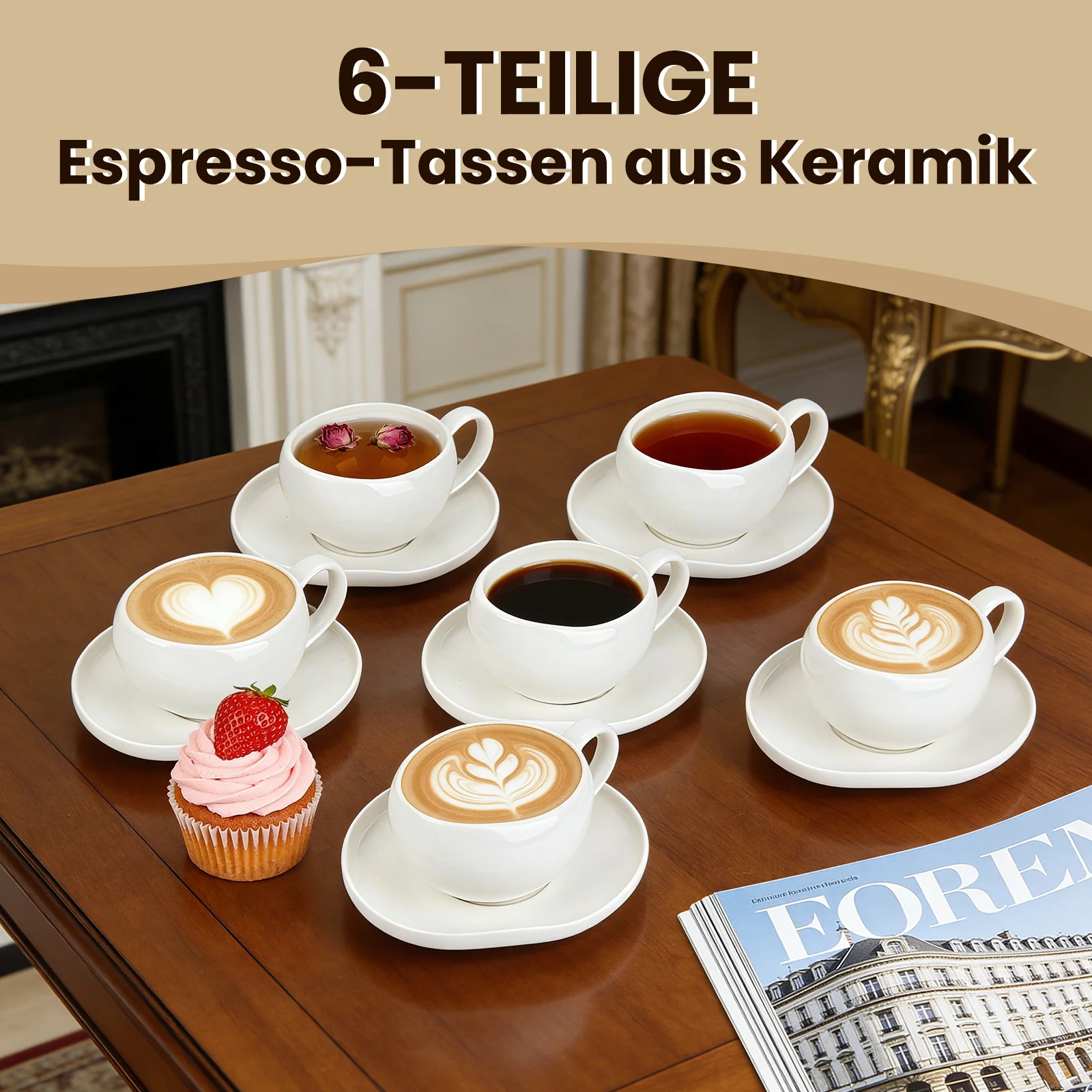 6-teiliges Keramik Espressotassen Set mit Untertassen (120ml), gewelltes Design, Weiß/Creme, mikrowellen- & spülmaschinenfest - Image 6