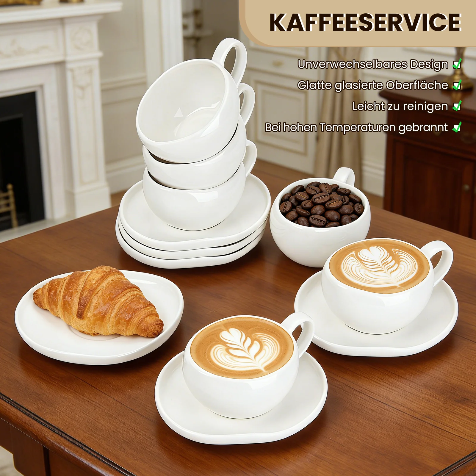 6-teiliges Keramik Espressotassen Set mit Untertassen (120ml), gewelltes Design, Weiß/Creme, mikrowellen- & spülmaschinenfest - Image 8