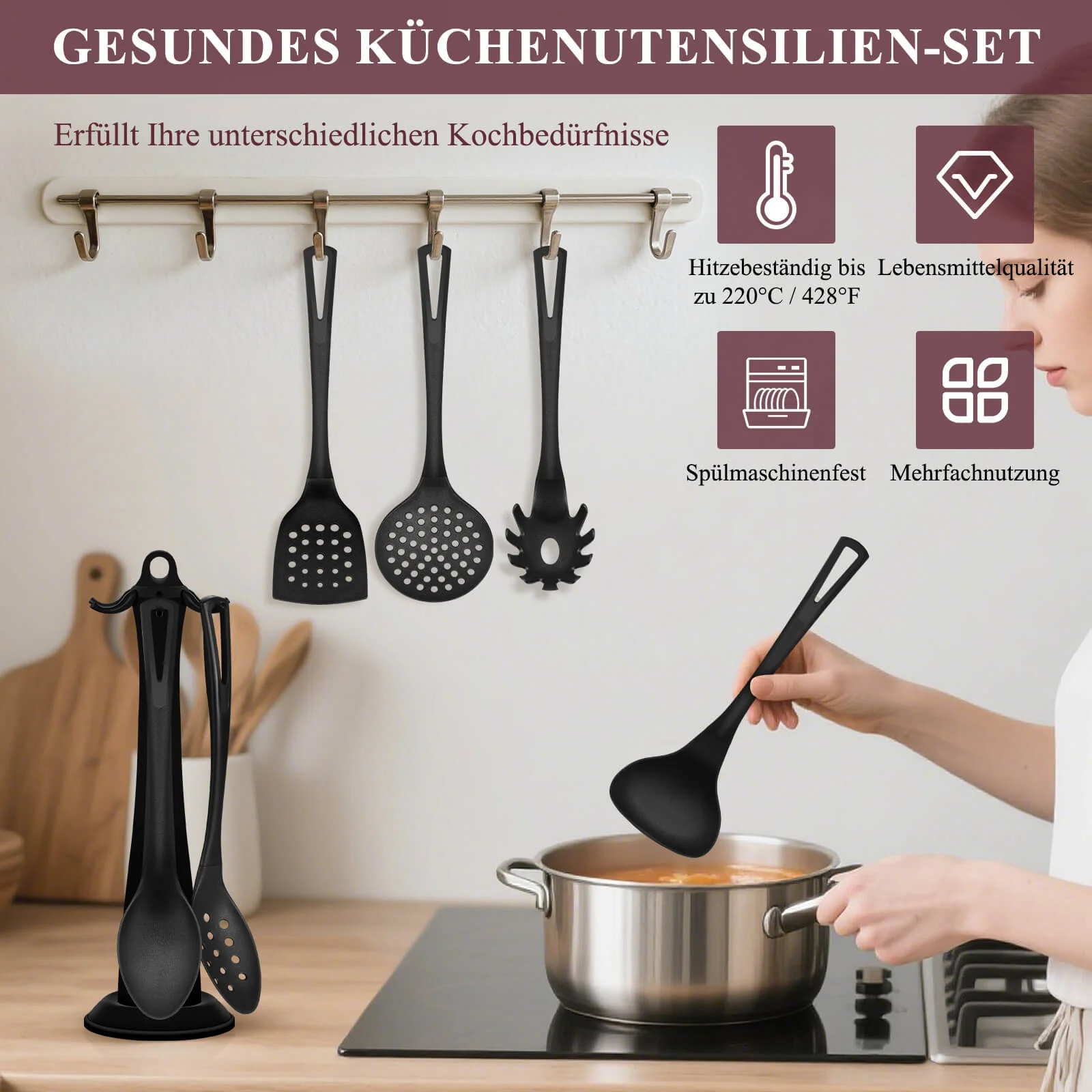 7-teiliges Küchenhelfer Set Hitzebeständige & BPA-freie Kochutensilien mit Ständer für jede Küche - Image 5