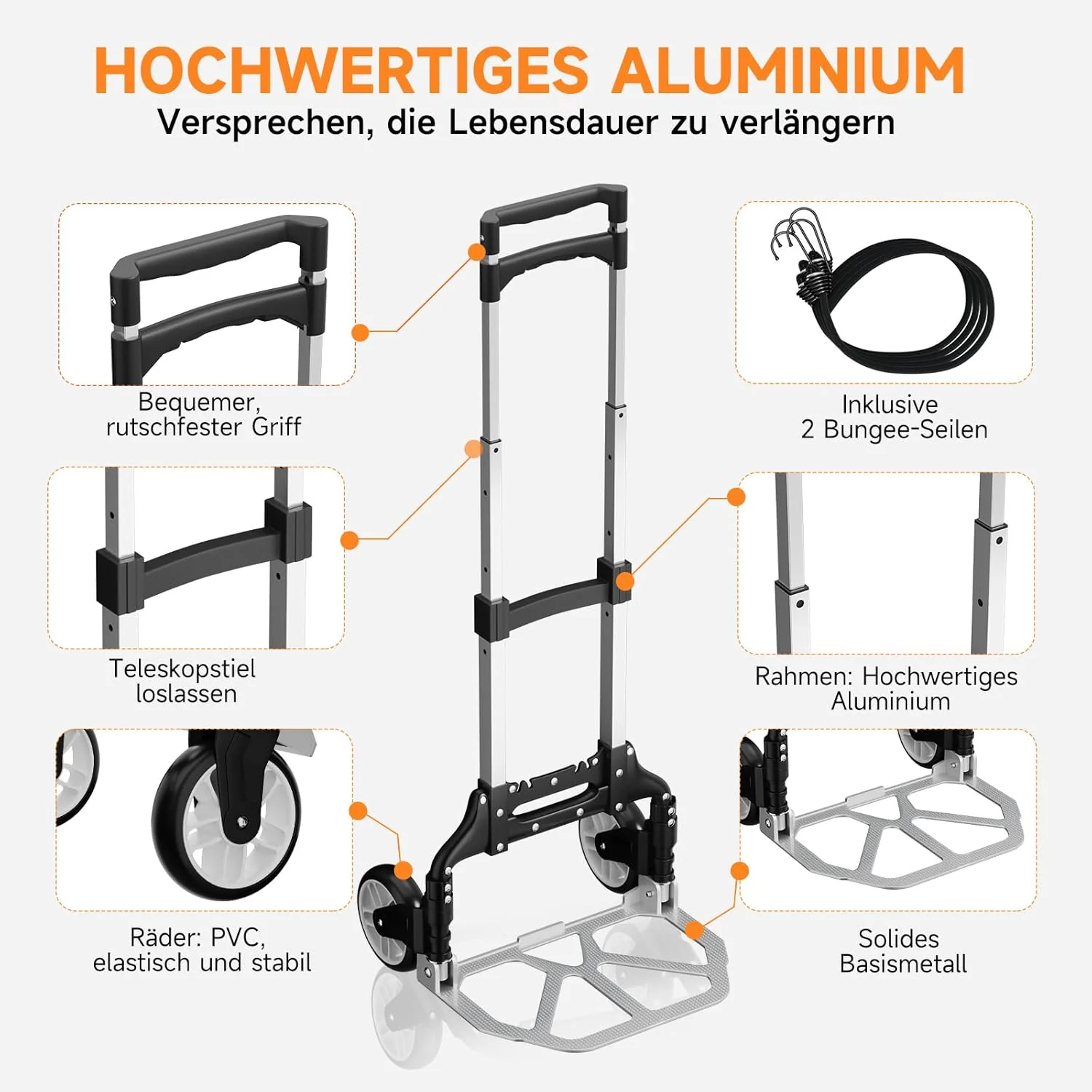 75 kg Transportkarre Höhenverstellbarer Griff, 2 Expanderseil Sackkarre klappbar Homelux Transportkarre Klappbar - Image 3