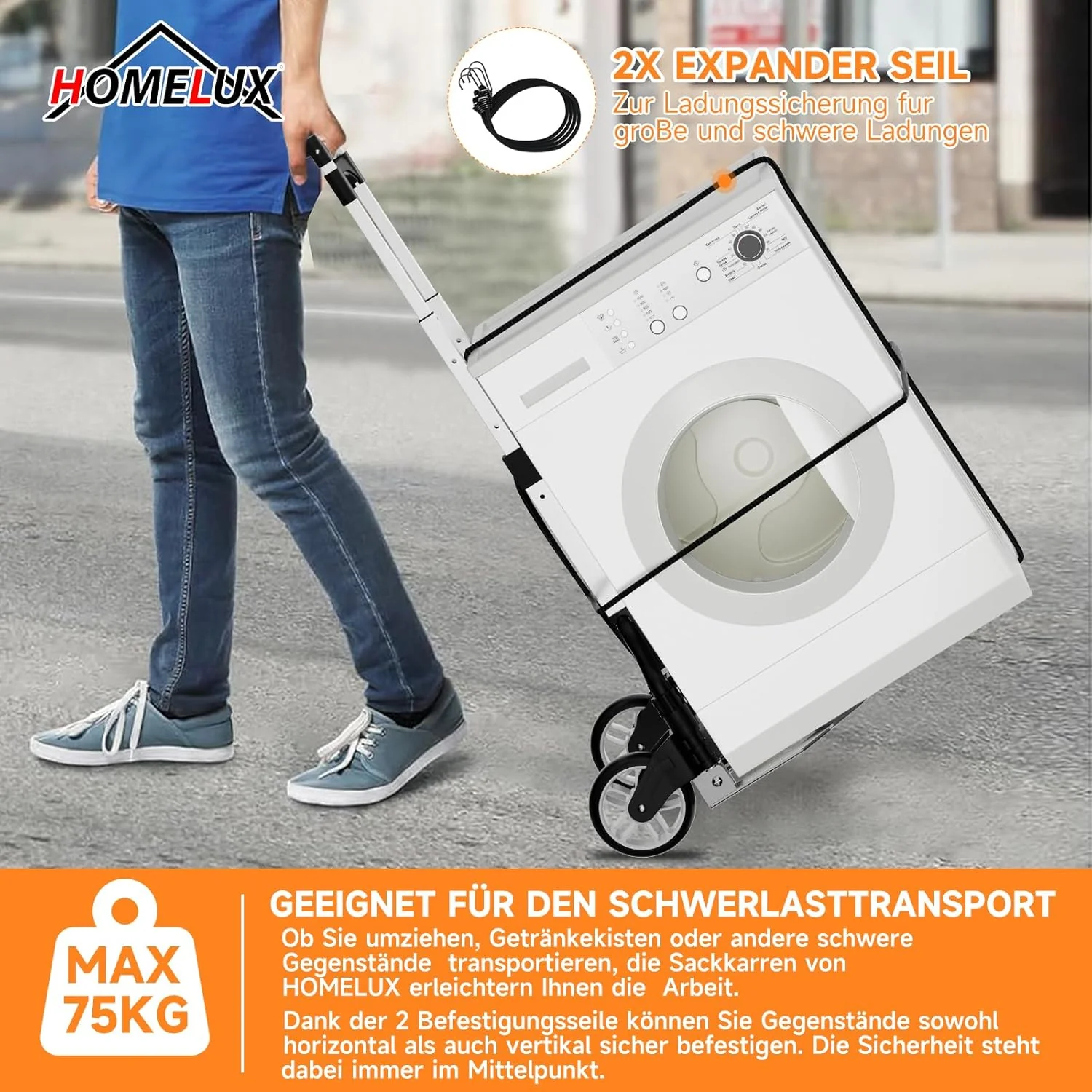 75 kg Transportkarre Höhenverstellbarer Griff, 2 Expanderseil Sackkarre klappbar Homelux Transportkarre Klappbar - Image 9