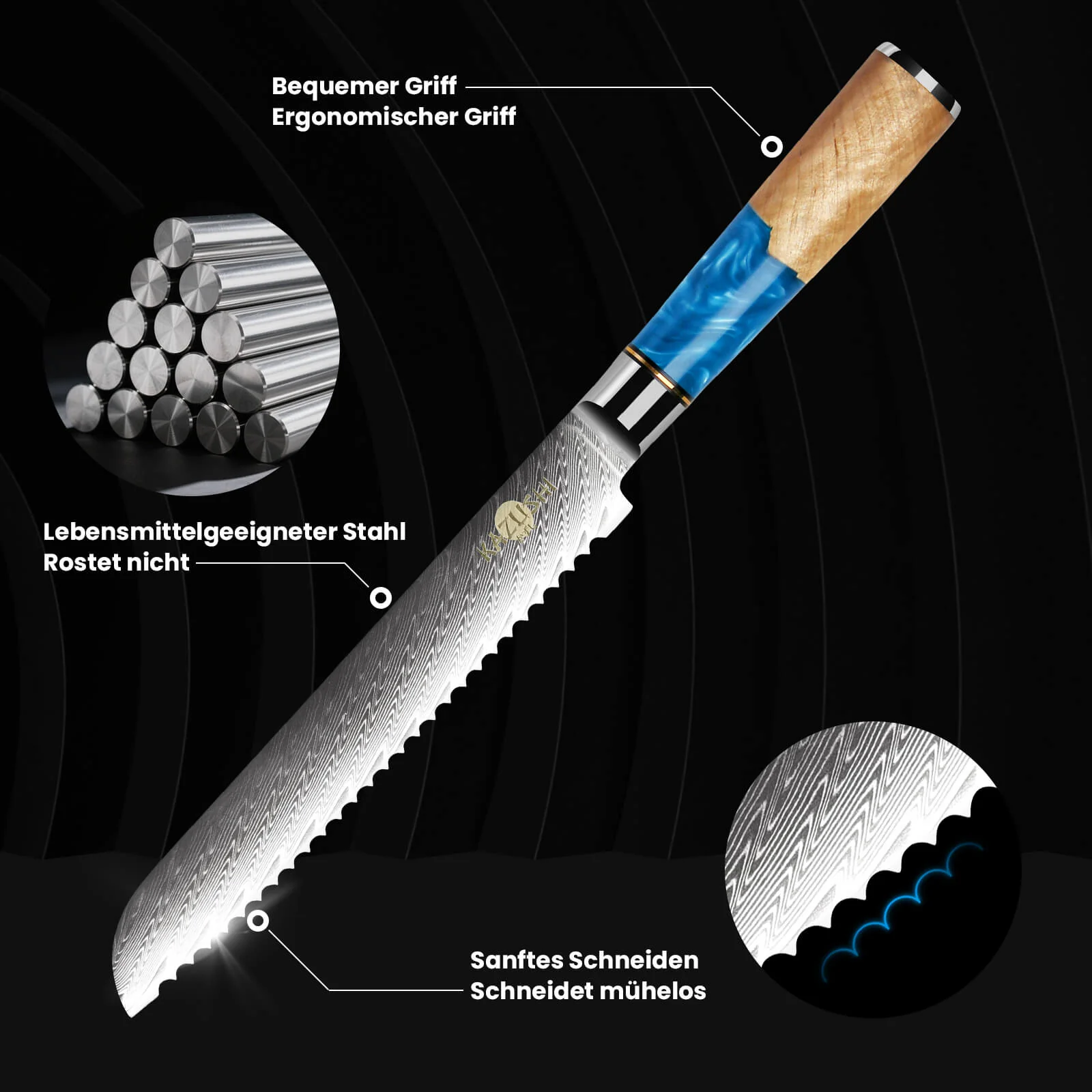 8-Zoll-Brotmesser aus Edelstahl Scharfes Wellenschliffmesser mit ergonomischem Griff, ideal für Brot, Kuchen und weiche Zutaten - Image 6