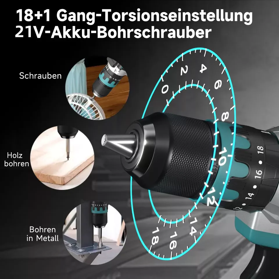 Akkuschrauber 21V mit 2 Akkus 1.5Ah,2 Gang,18+1 Drehmomentstufen,LED Licht Akku schraubendreher Mit Schnellladegerä, Akkuschrauber Set mit Bohrer - Image 4