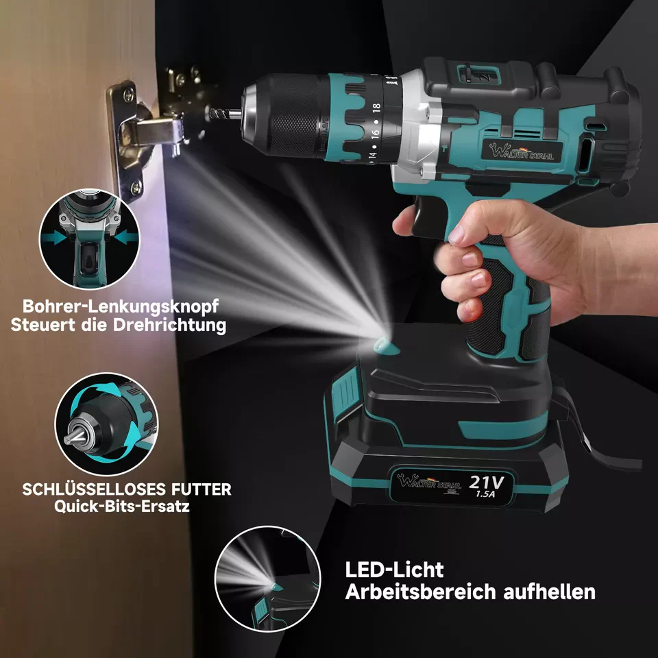 Akkuschrauber 21V mit 2 Akkus 1.5Ah,2 Gang,18+1 Drehmomentstufen,LED Licht Akku schraubendreher Mit Schnellladegerä, Akkuschrauber Set mit Bohrer - Image 5