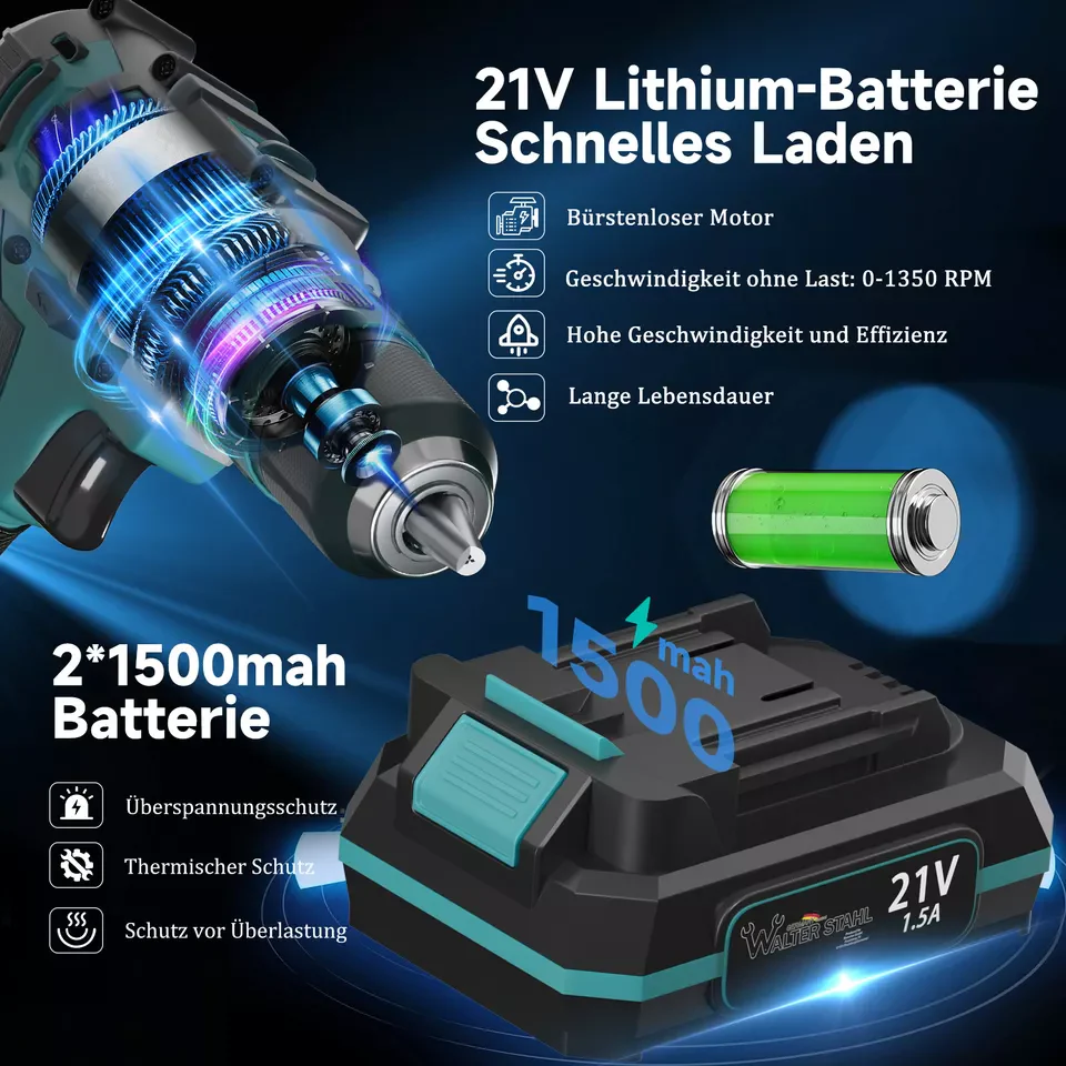 Akkuschrauber 21V mit 2 Akkus 1.5Ah,2 Gang,18+1 Drehmomentstufen,LED Licht Akku schraubendreher Mit Schnellladegerä, Akkuschrauber Set mit Bohrer - Image 7