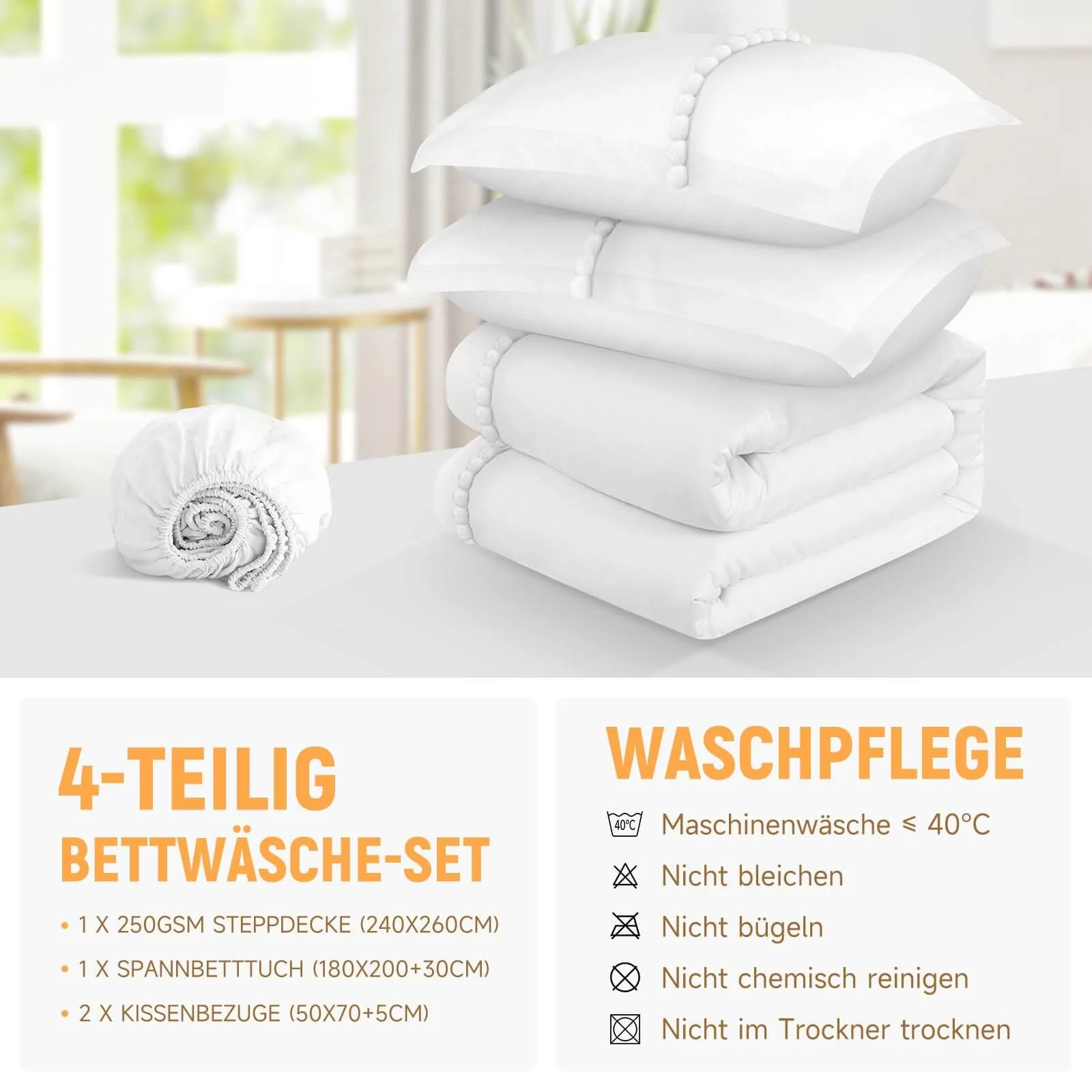 Bettwäsche Set 180x200 cm, 4-teilig, inklusive Steppdecke 240x260 cm und 2 Kissenbezügen 50x70 cm - Image 14