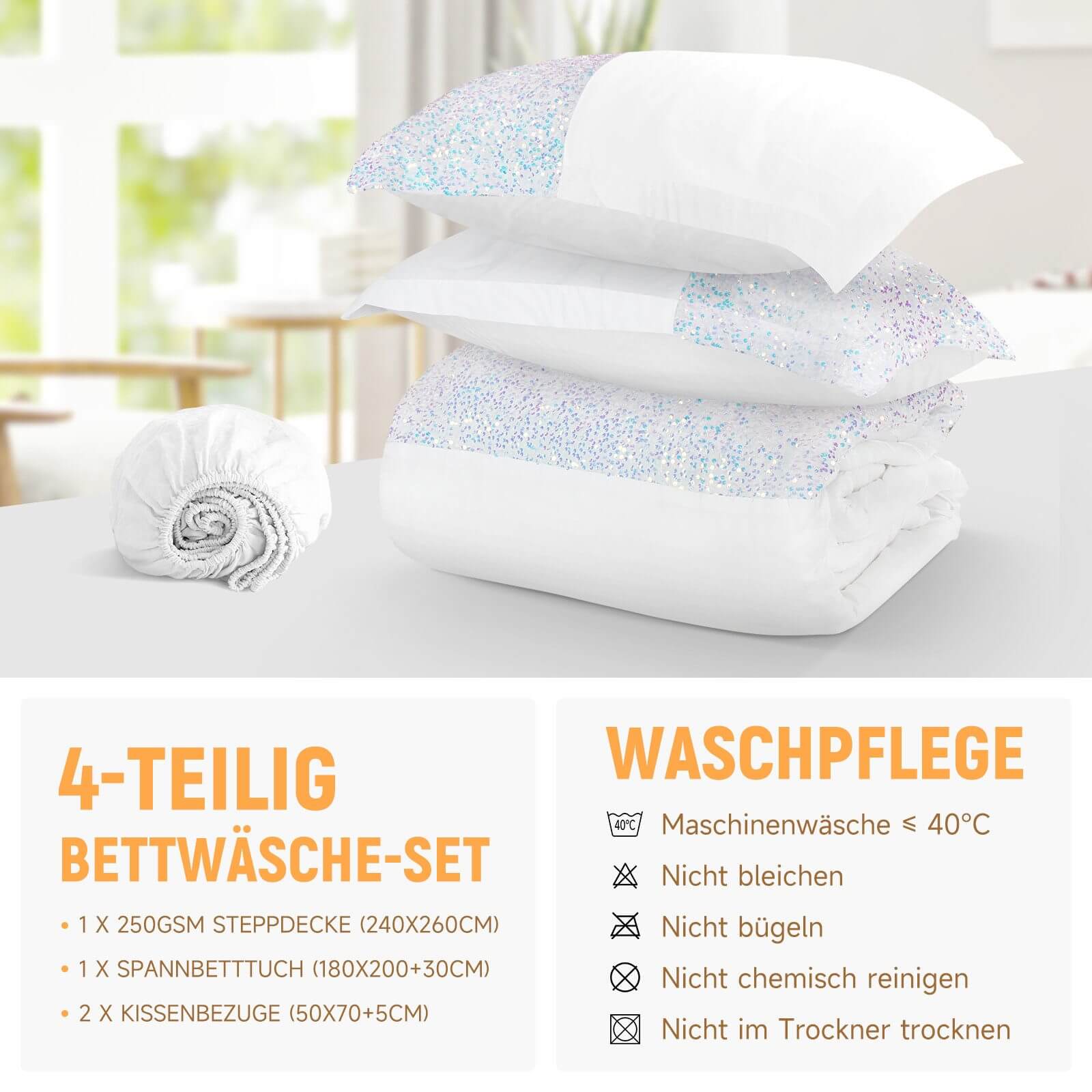 Bettwäsche Set 180x200 cm, 4-teilig, inklusive Steppdecke 240x260 cm und 2 Kissenbezügen 50x70 cm - Image 8
