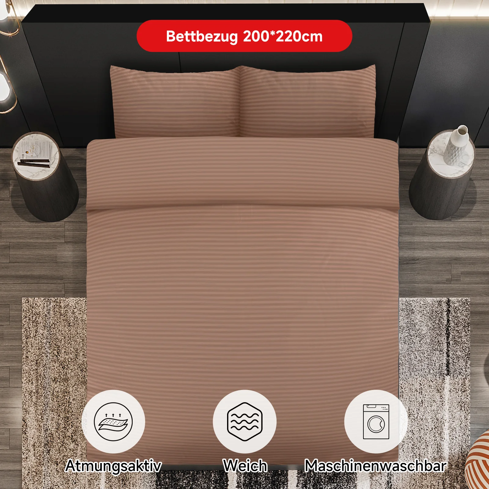 Bettwäsche Sets 220x240 4pcs Bettbezüge 200 x 220 1er Set 50x70 2er Kissenbezüge Braun - Image 5