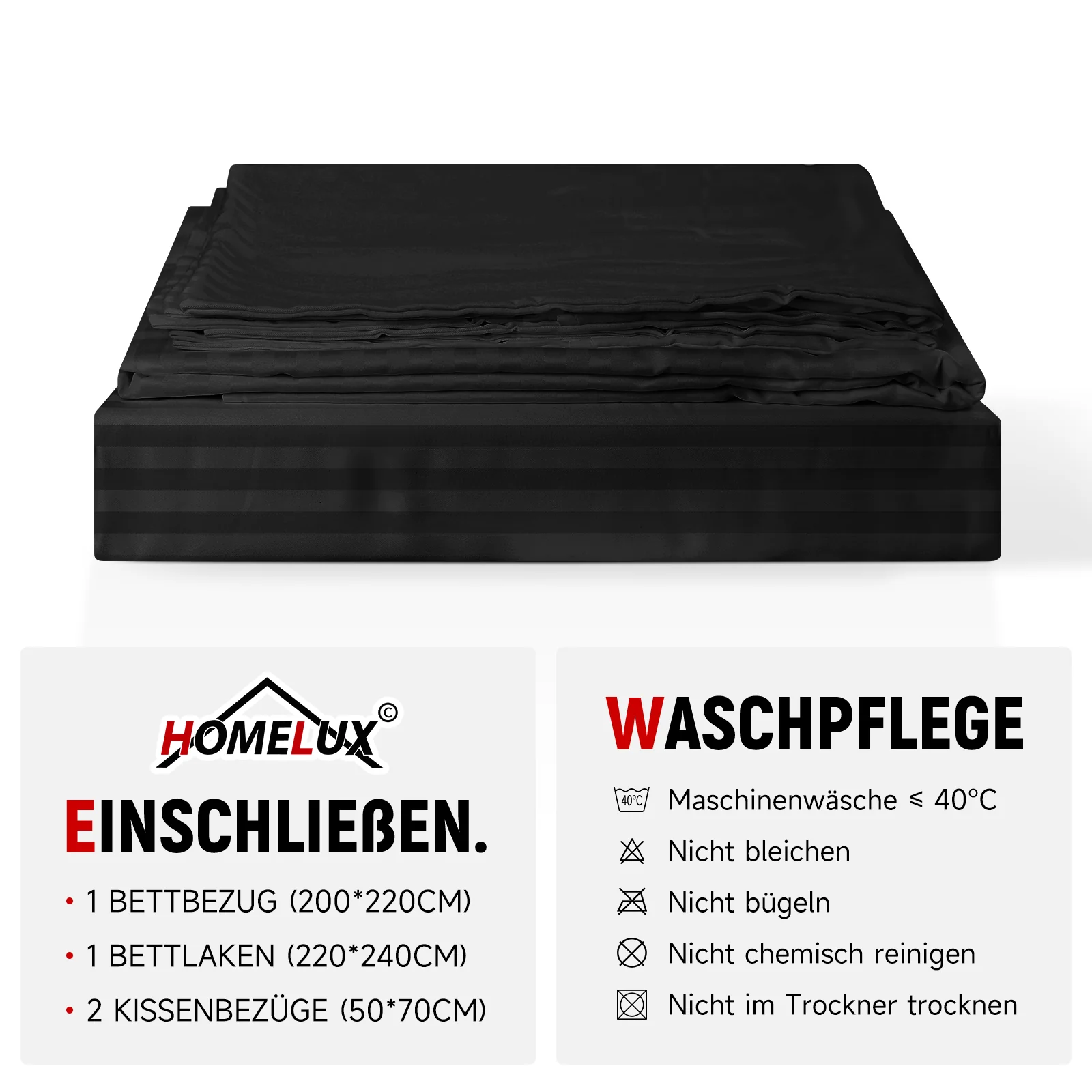 Bettwäsche Sets 220x240 4pcs Bettbezüge 200 x 220 1er Set 50x70 2er Kissenbezüge Schwarz - Image 8