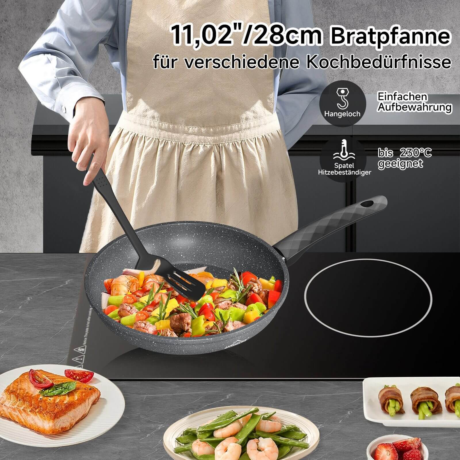 Bratpfanne 28 cm mit Spatel, beschichtete Pfanne mit Marmorbeschichtung, Induktion geeignet, hitzebeständig bis 230°C - Image 6