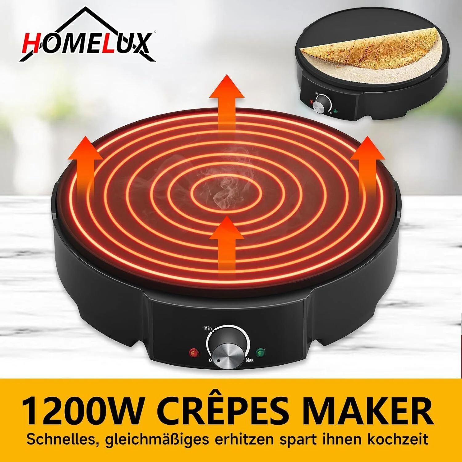 HOMELUX Crêpe Maker 1200W Vielseitig & effizient! Stufenlose Temperaturregelung, Antihaftbeschichtung, praktisches Zubehör, einfache Reinigung - Image 4