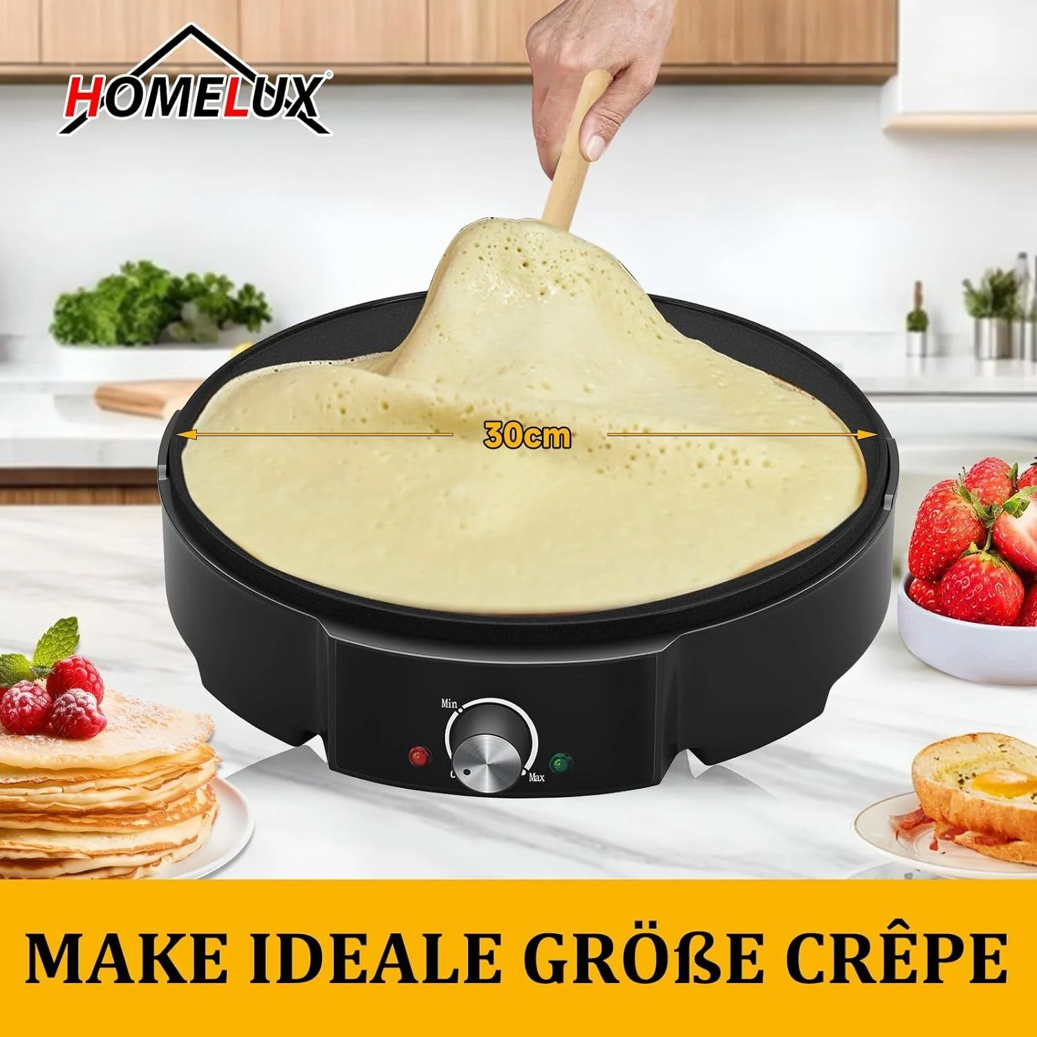 HOMELUX Crêpe Maker 1200W Vielseitig & effizient! Stufenlose Temperaturregelung, Antihaftbeschichtung, praktisches Zubehör, einfache Reinigung - Image 5