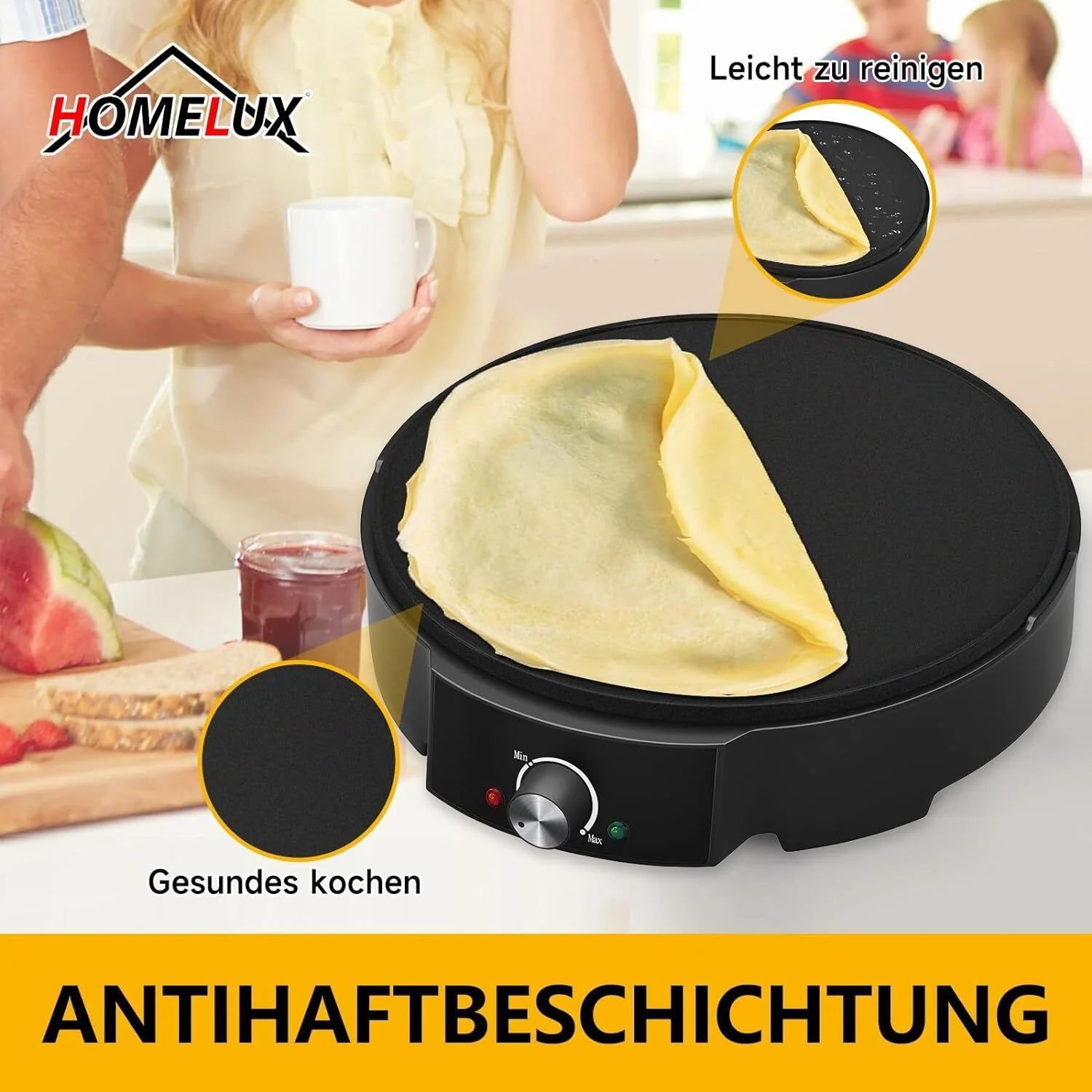 HOMELUX Crêpe Maker 1200W Vielseitig & effizient! Stufenlose Temperaturregelung, Antihaftbeschichtung, praktisches Zubehör, einfache Reinigung - Image 8