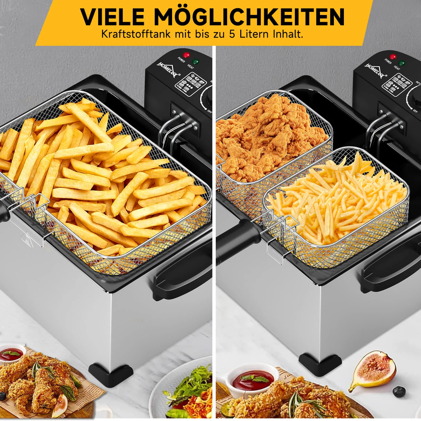 Doppel-Fritteuse 5L Edelstahl, 2000W, 0-190°C, für große Familien, 3 Körbe, einfache Reinigung, Sichtfenster-Deckel - Image 11