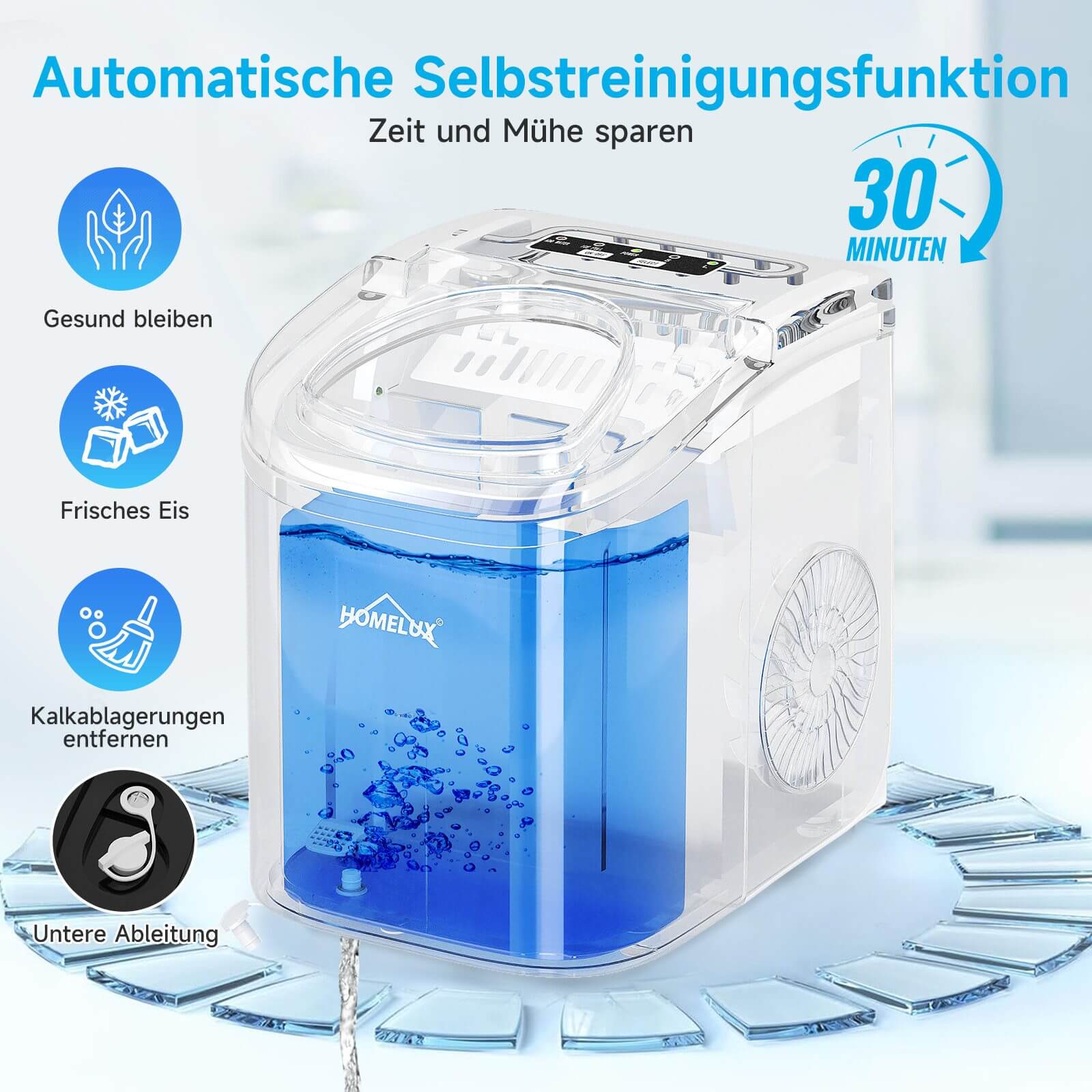 Eiswürfelmaschine 1,4 L Ice Maker, 2 wählbare Eiswürfelgrößen, 9 Eiswürfel in 6 Minuten, Selbstreinigungsfunktion Weiß - Image 4
