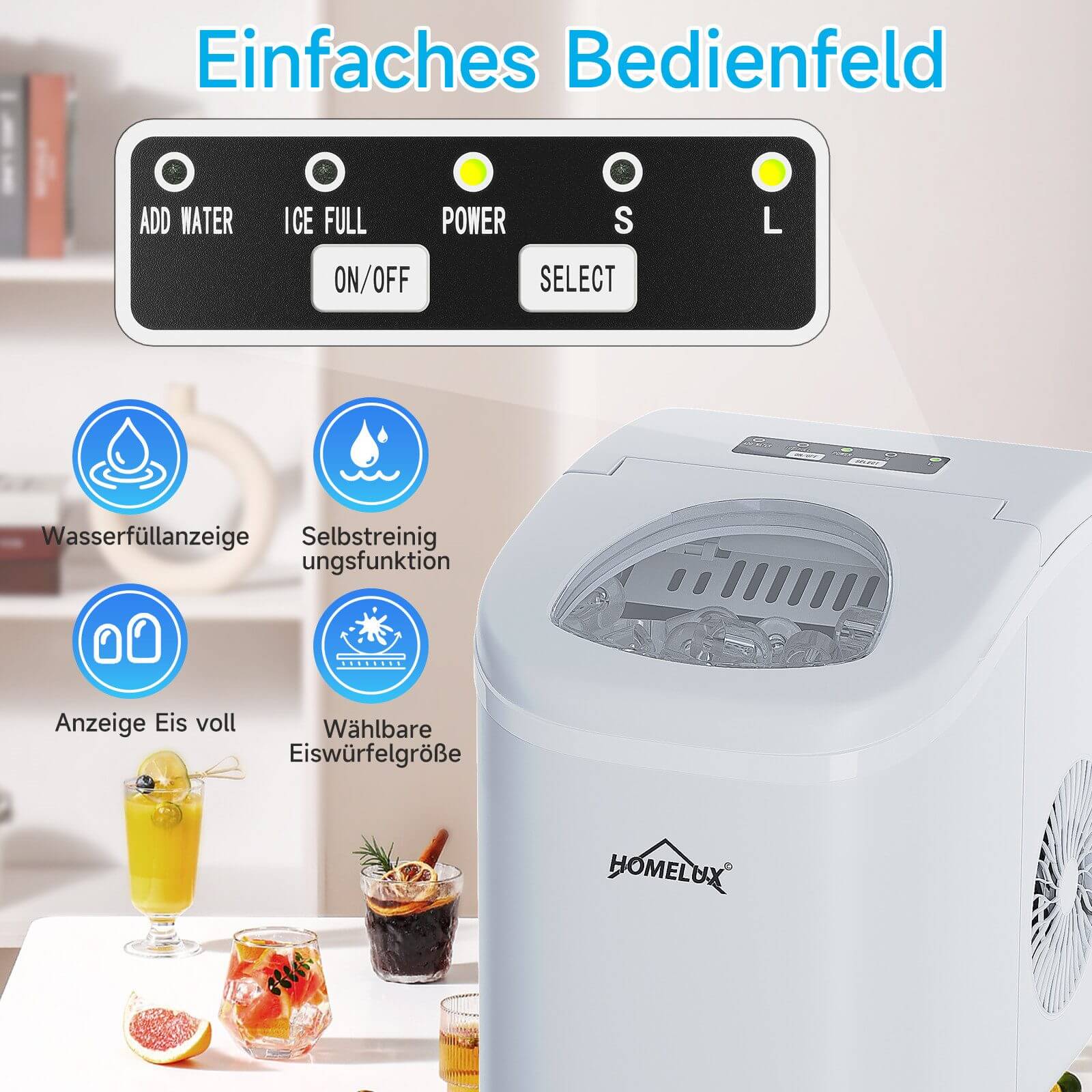 Eiswürfelmaschine 1,4 L Ice Maker, 2 wählbare Eiswürfelgrößen, 9 Eiswürfel in 6 Minuten, Selbstreinigungsfunktion Weiß - Image 5