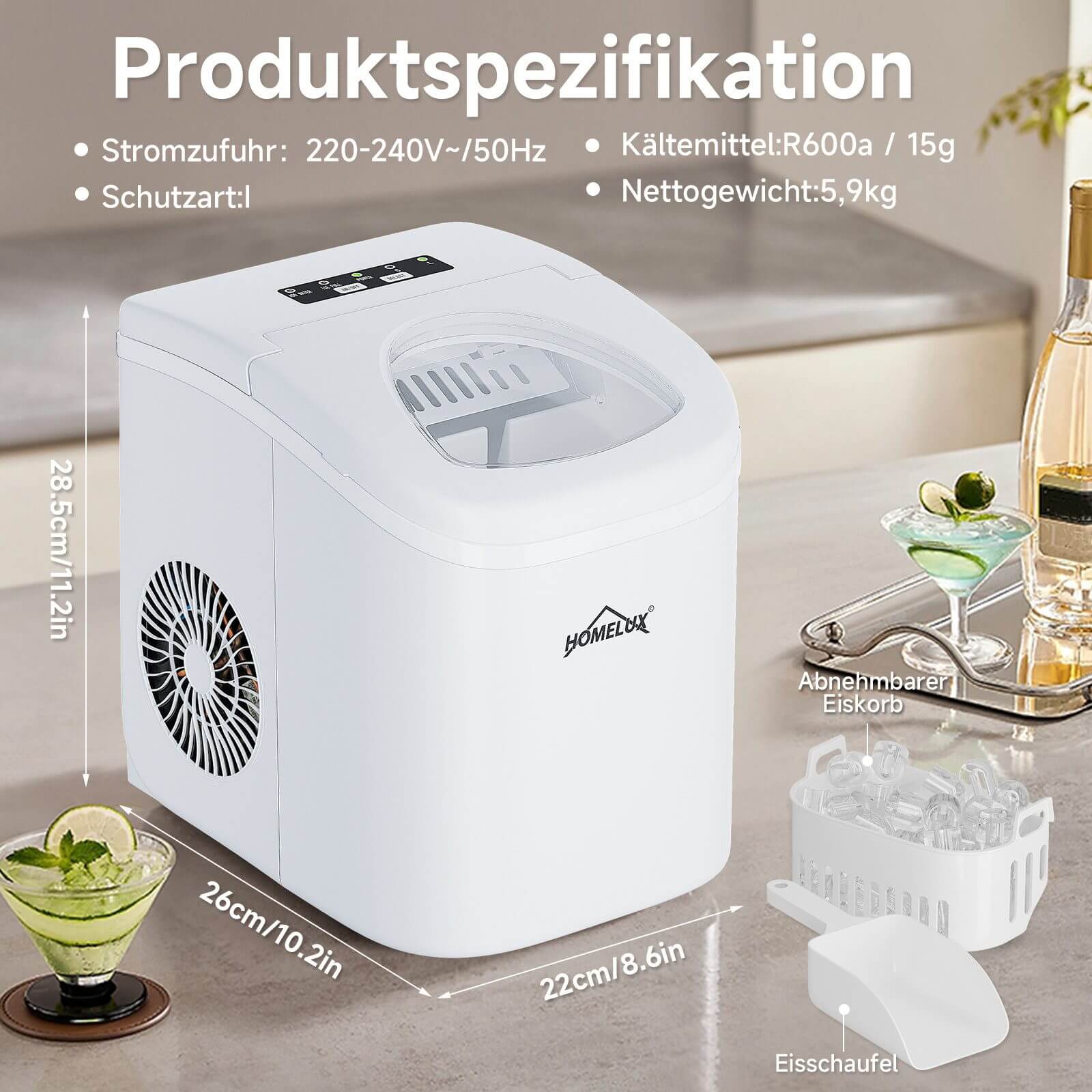 Eiswürfelmaschine 1,4 L Ice Maker, 2 wählbare Eiswürfelgrößen, 9 Eiswürfel in 6 Minuten, Selbstreinigungsfunktion Weiß - Image 7