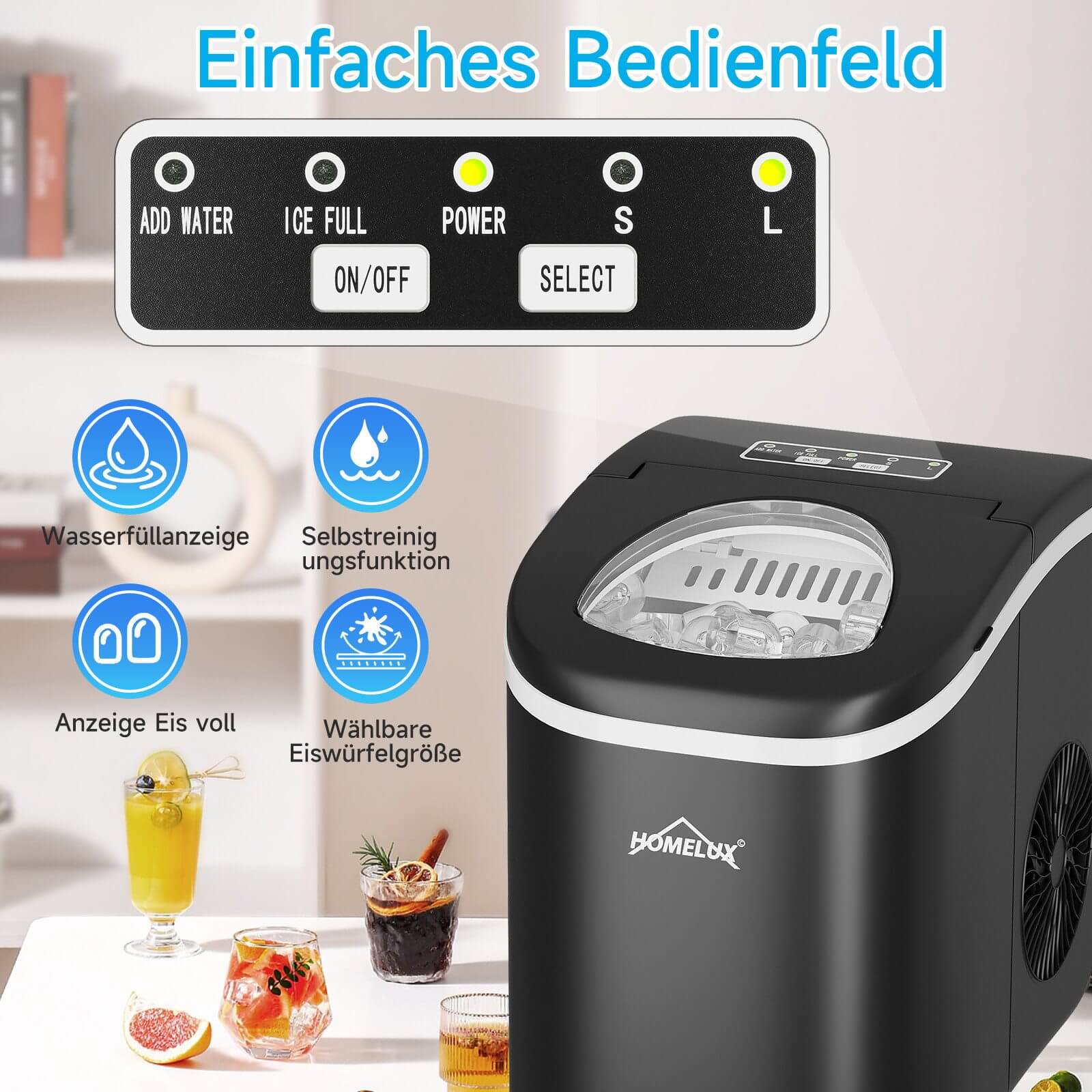 Eiswürfelmaschine 1,4 L Ice Maker, 2 wählbare Eiswürfelgrößen, 9 Eiswürfel in 6 Minuten, Selbstreinigungsfunktion Schwarz - Image 4