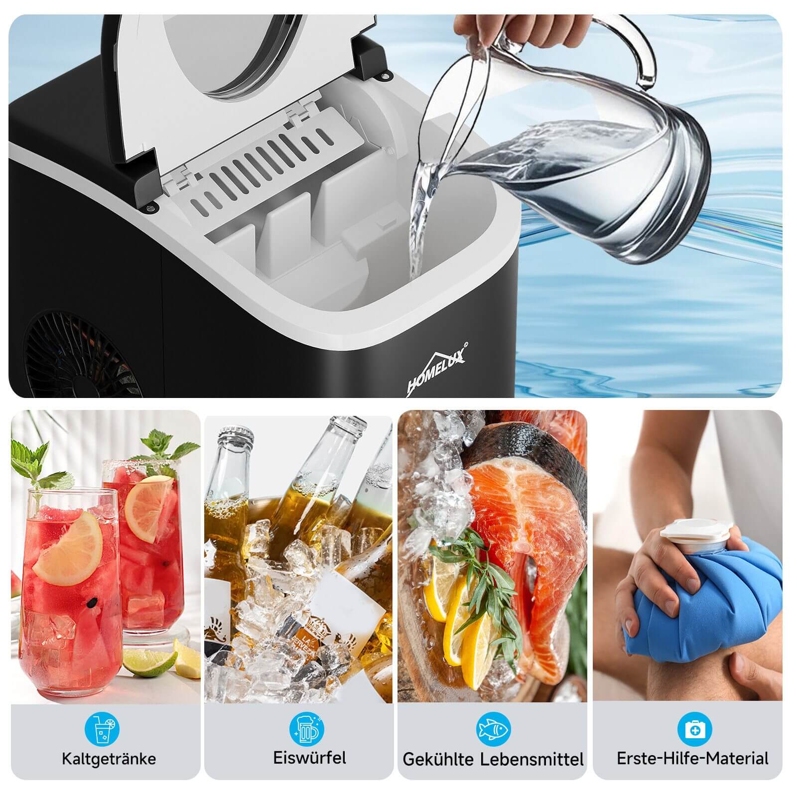 Eiswürfelmaschine 1,4 L Ice Maker, 2 wählbare Eiswürfelgrößen, 9 Eiswürfel in 6 Minuten, Selbstreinigungsfunktion Schwarz - Image 6