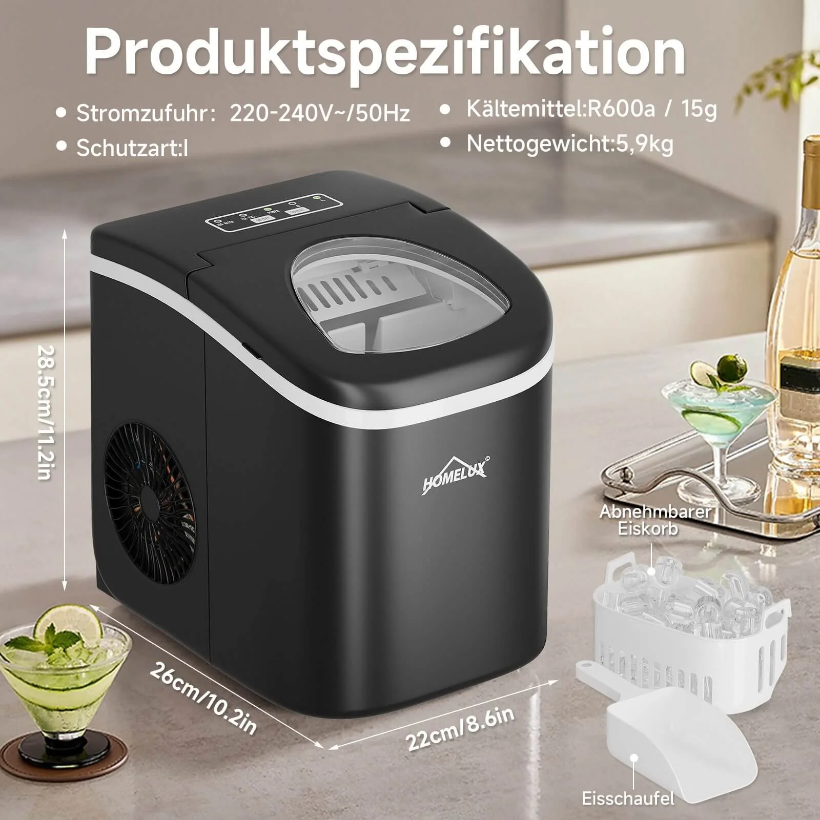 Eiswürfelmaschine 1,4 L Ice Maker, 2 wählbare Eiswürfelgrößen, 9 Eiswürfel in 6 Minuten, Selbstreinigungsfunktion Schwarz - Image 7