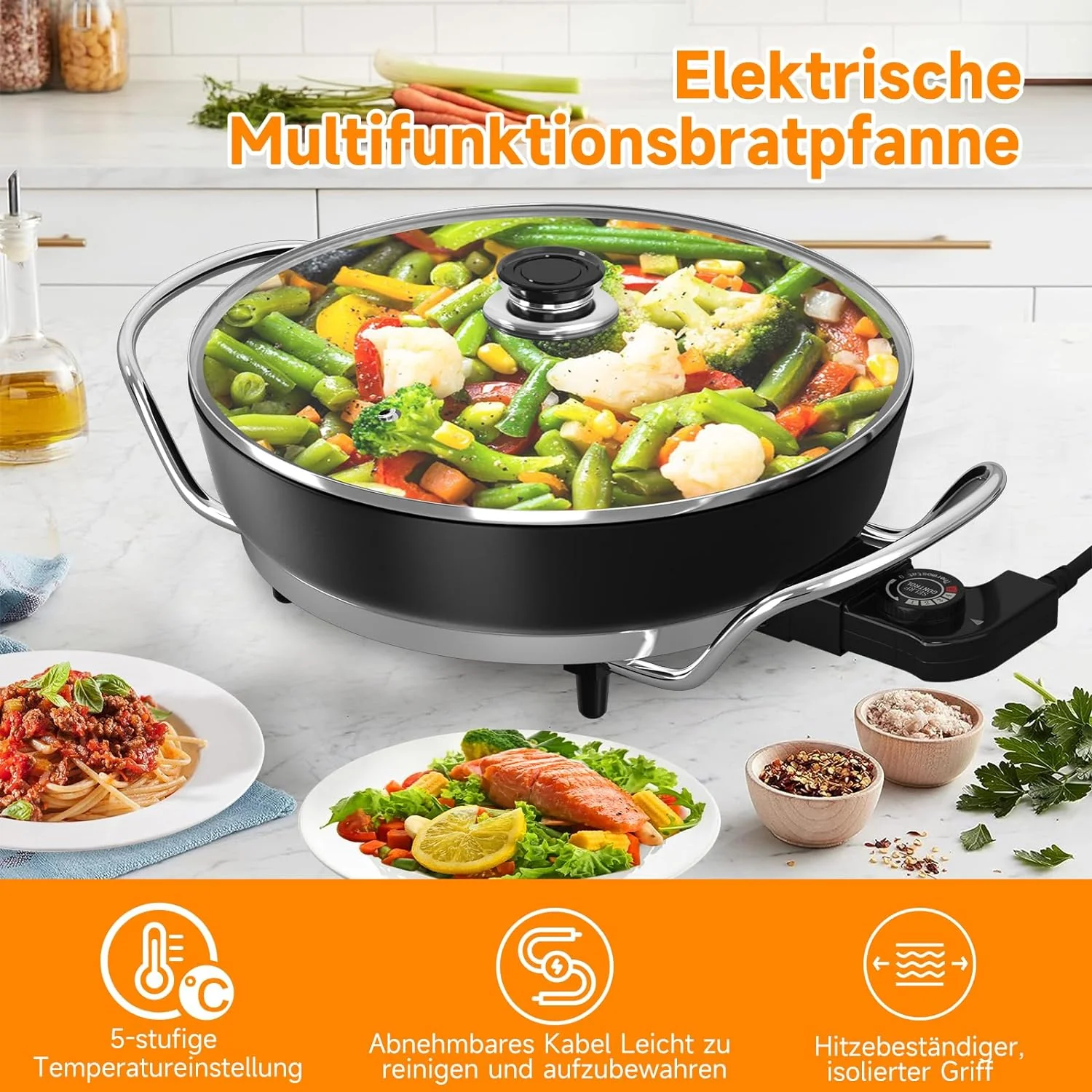 Scheffler Elektrische Pfanne: 5 Temperatureinstellungen, Pizzapfanne, Multifunktionspfanne mit Antihaftbeschichtung und Deckel - Image 12