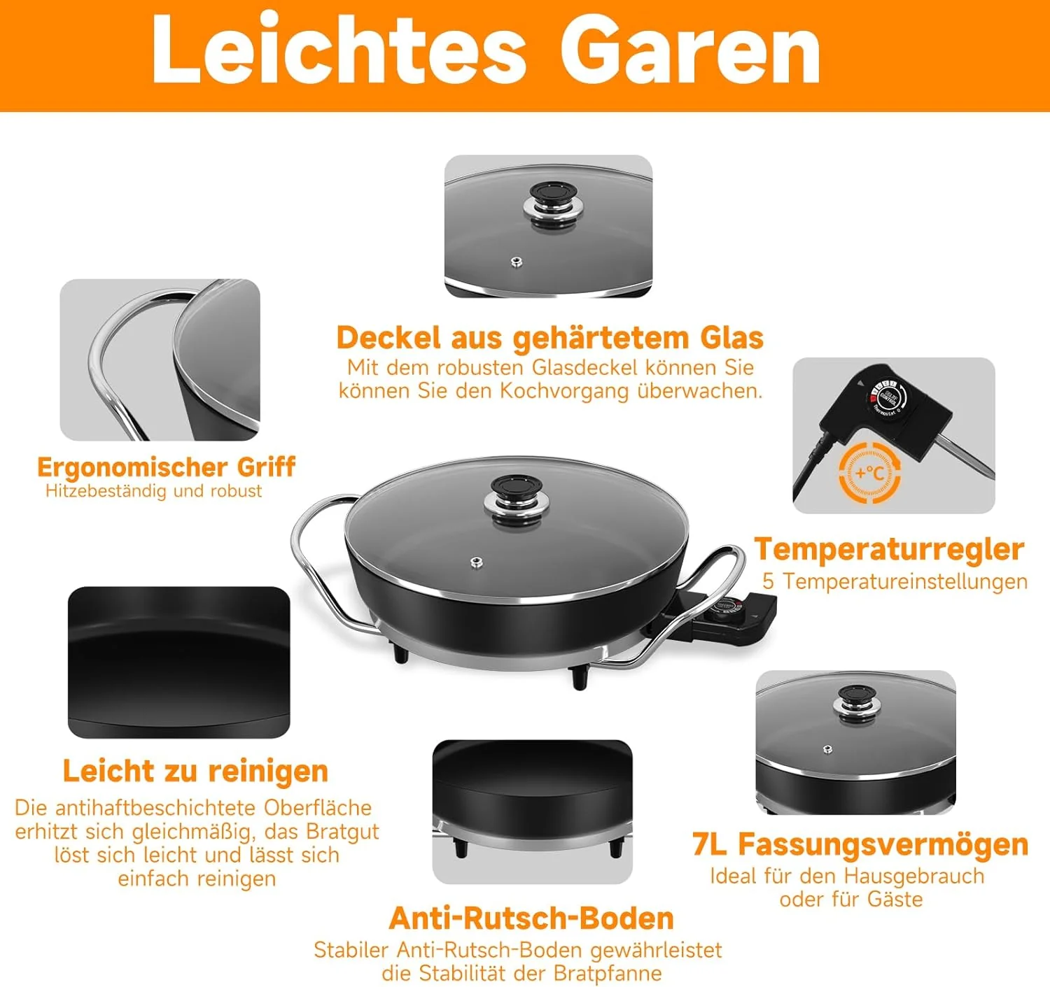 Scheffler Elektrische Pfanne: 5 Temperatureinstellungen, Pizzapfanne, Multifunktionspfanne mit Antihaftbeschichtung und Deckel - Image 14