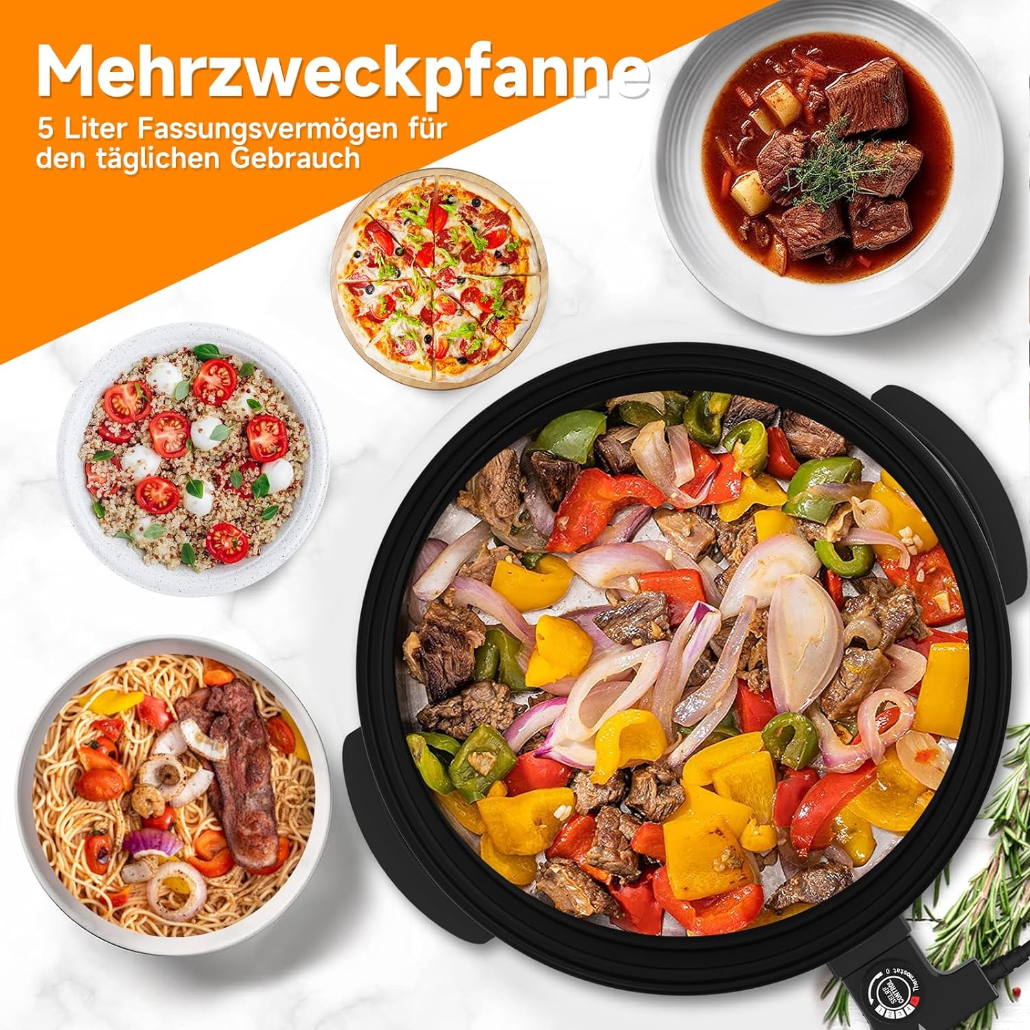 Scheffler Elektrische Pfanne: 5 Temperatureinstellungen, Pizzapfanne, Multifunktionspfanne mit Antihaftbeschichtung und Deckel - Image 16
