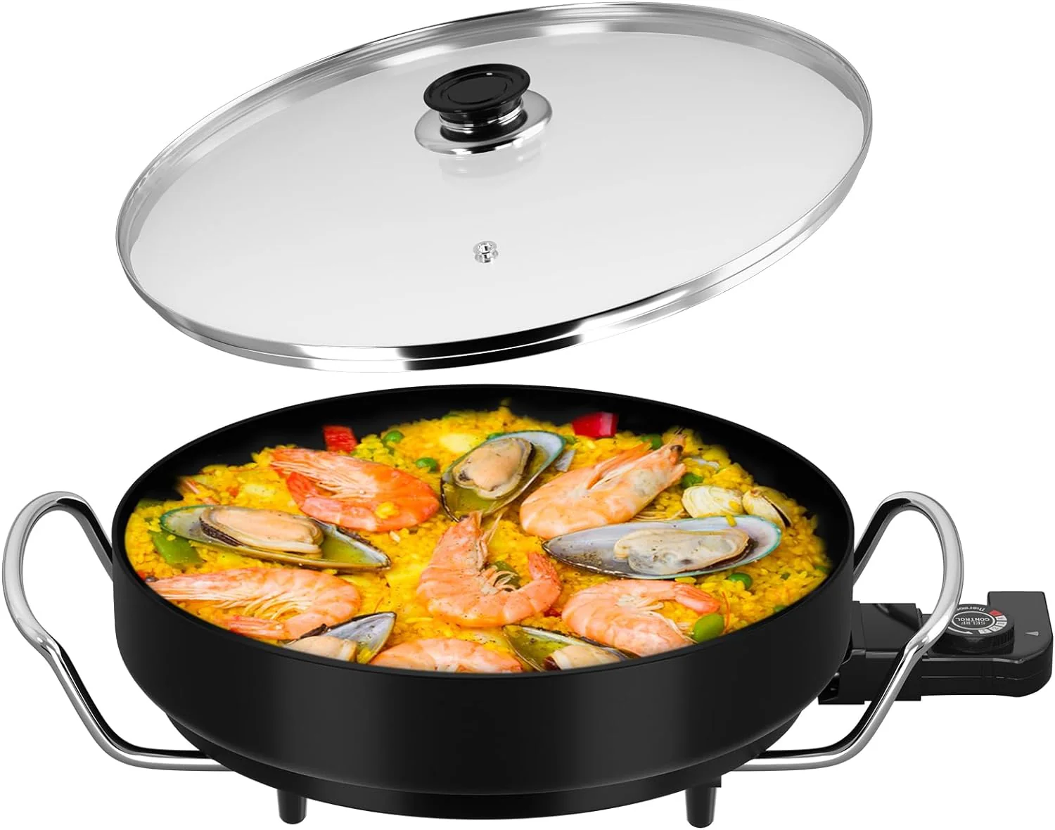 Scheffler Elektrische Pfanne: 5 Temperatureinstellungen, Pizzapfanne, Multifunktionspfanne mit Antihaftbeschichtung und Deckel - Image 4