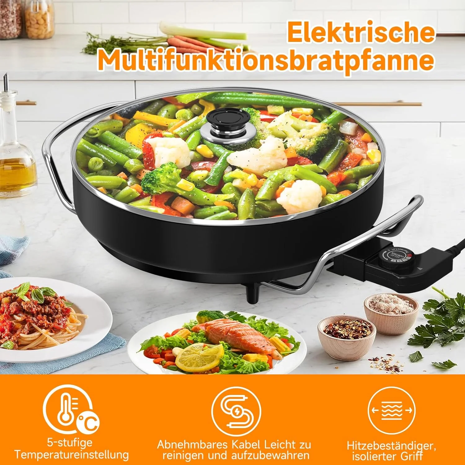 Scheffler Elektrische Pfanne: 5 Temperatureinstellungen, Pizzapfanne, Multifunktionspfanne mit Antihaftbeschichtung und Deckel - Image 5