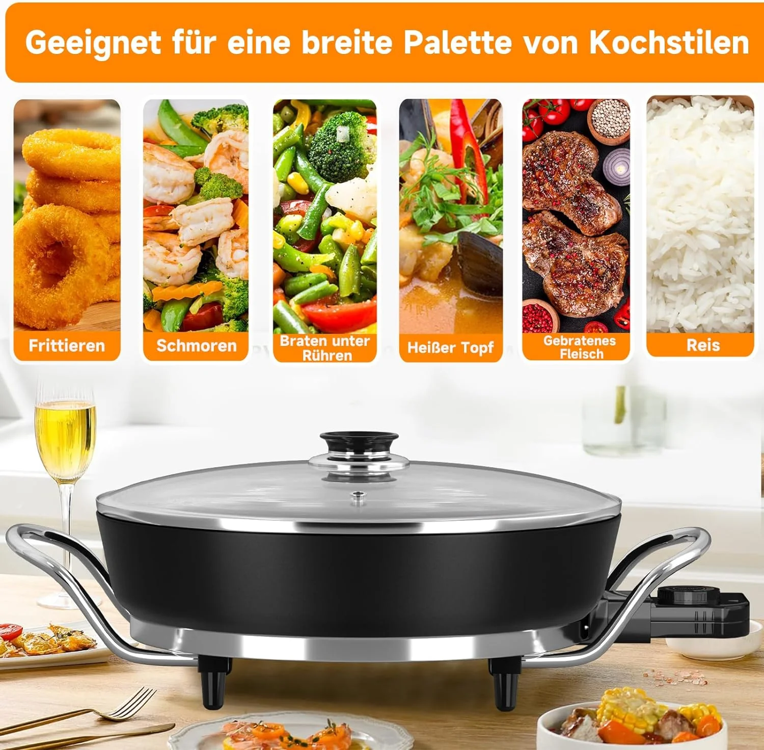 Scheffler Elektrische Pfanne: 5 Temperatureinstellungen, Pizzapfanne, Multifunktionspfanne mit Antihaftbeschichtung und Deckel - Image 7