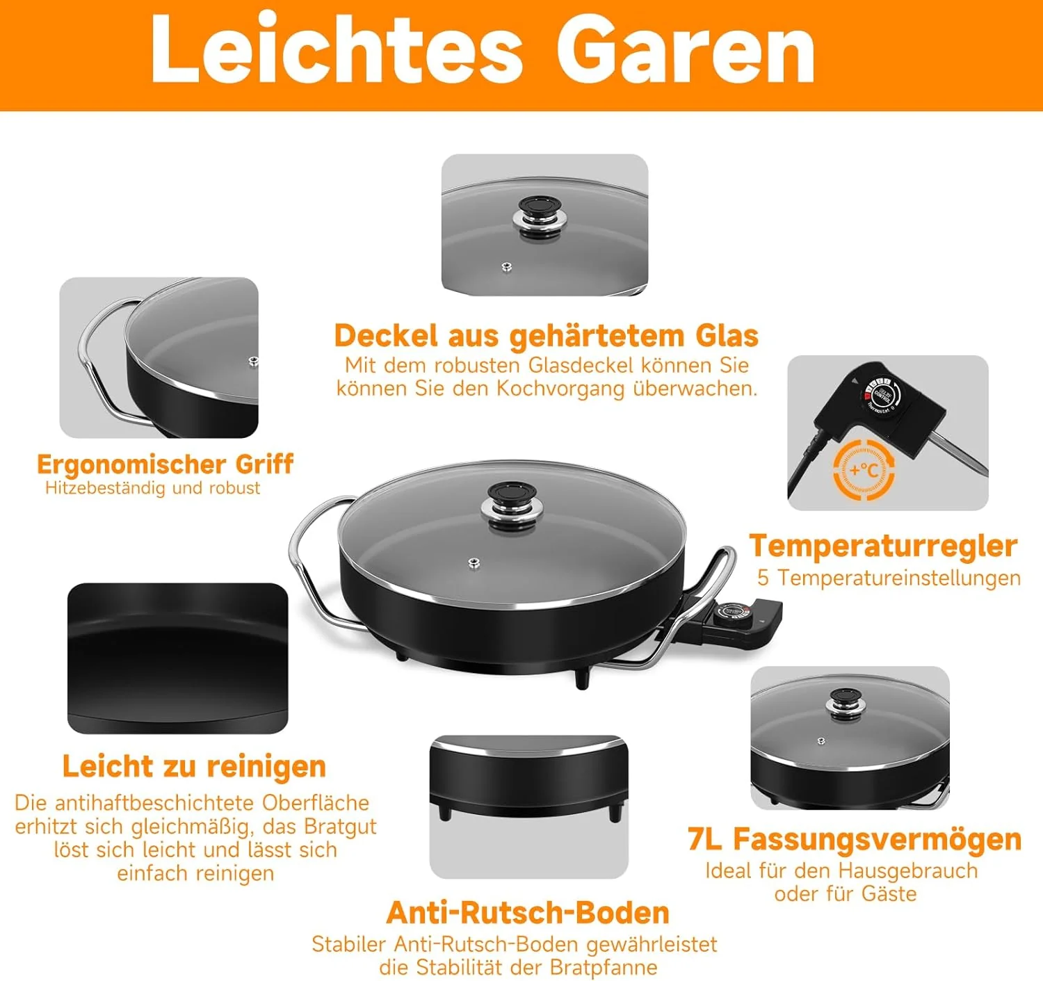Scheffler Elektrische Pfanne: 5 Temperatureinstellungen, Pizzapfanne, Multifunktionspfanne mit Antihaftbeschichtung und Deckel - Image 8