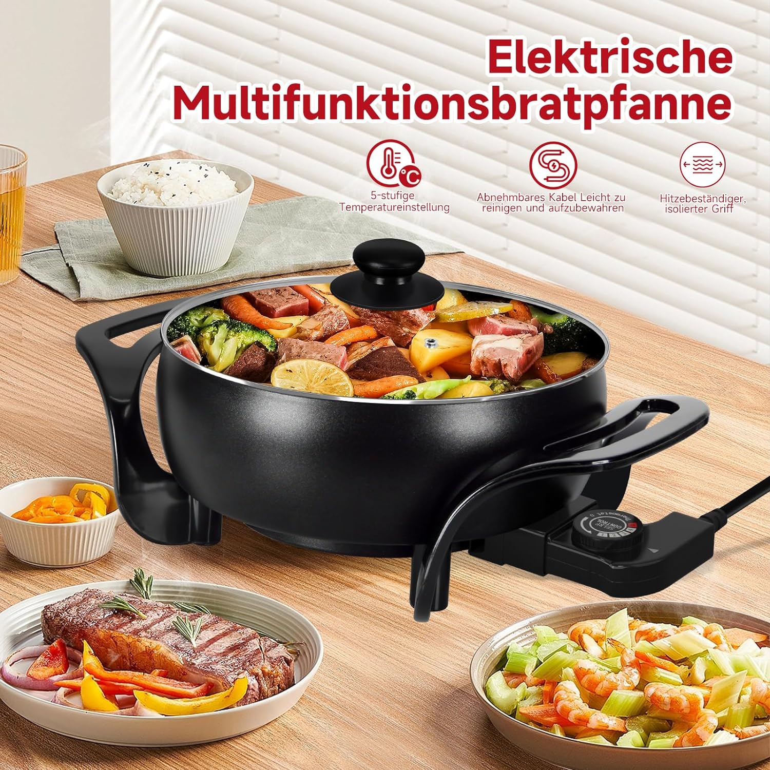 Elektrische pfanne Elektropfanne mit deckel, Elektrische Multipfanne,mit Antihaftbeschichtet - Image 10