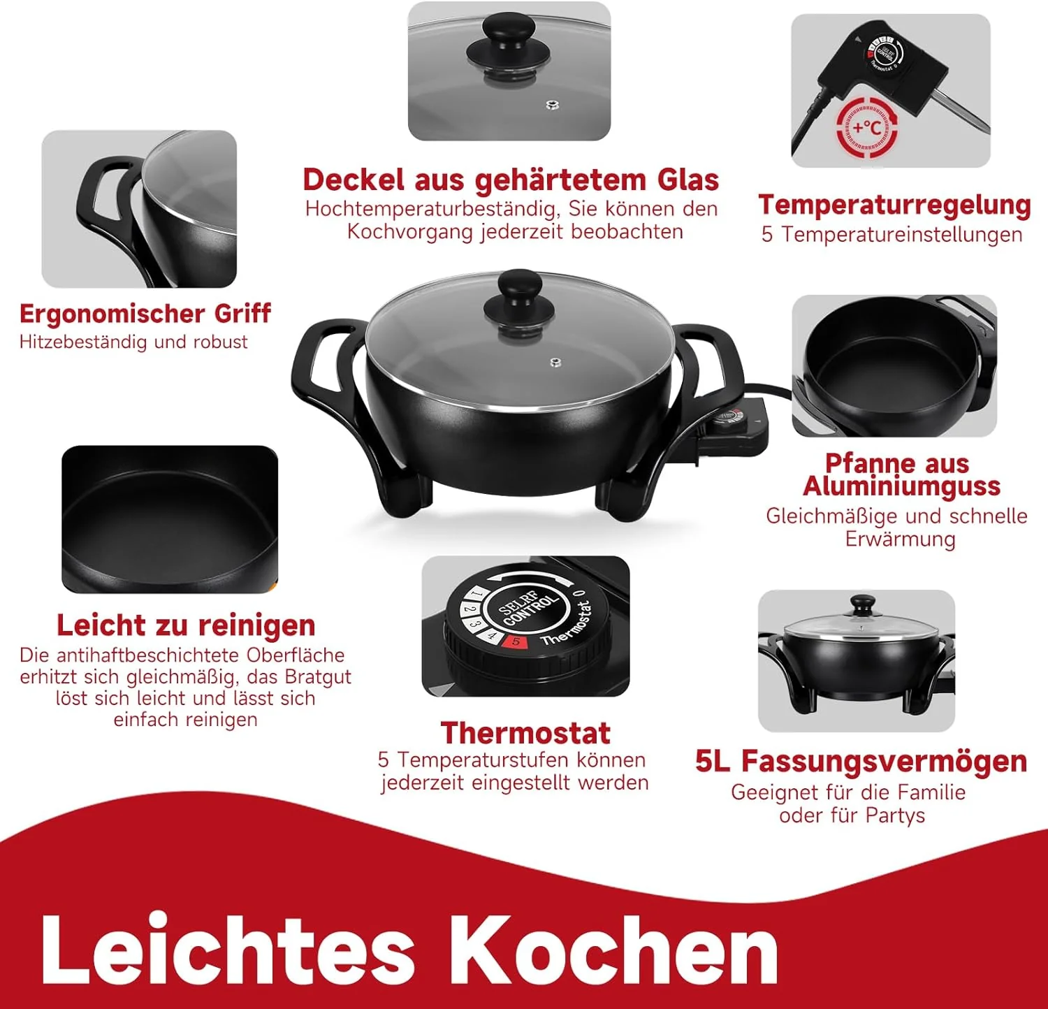 Elektrische pfanne Elektropfanne mit deckel, Elektrische Multipfanne,mit Antihaftbeschichtet - Image 14
