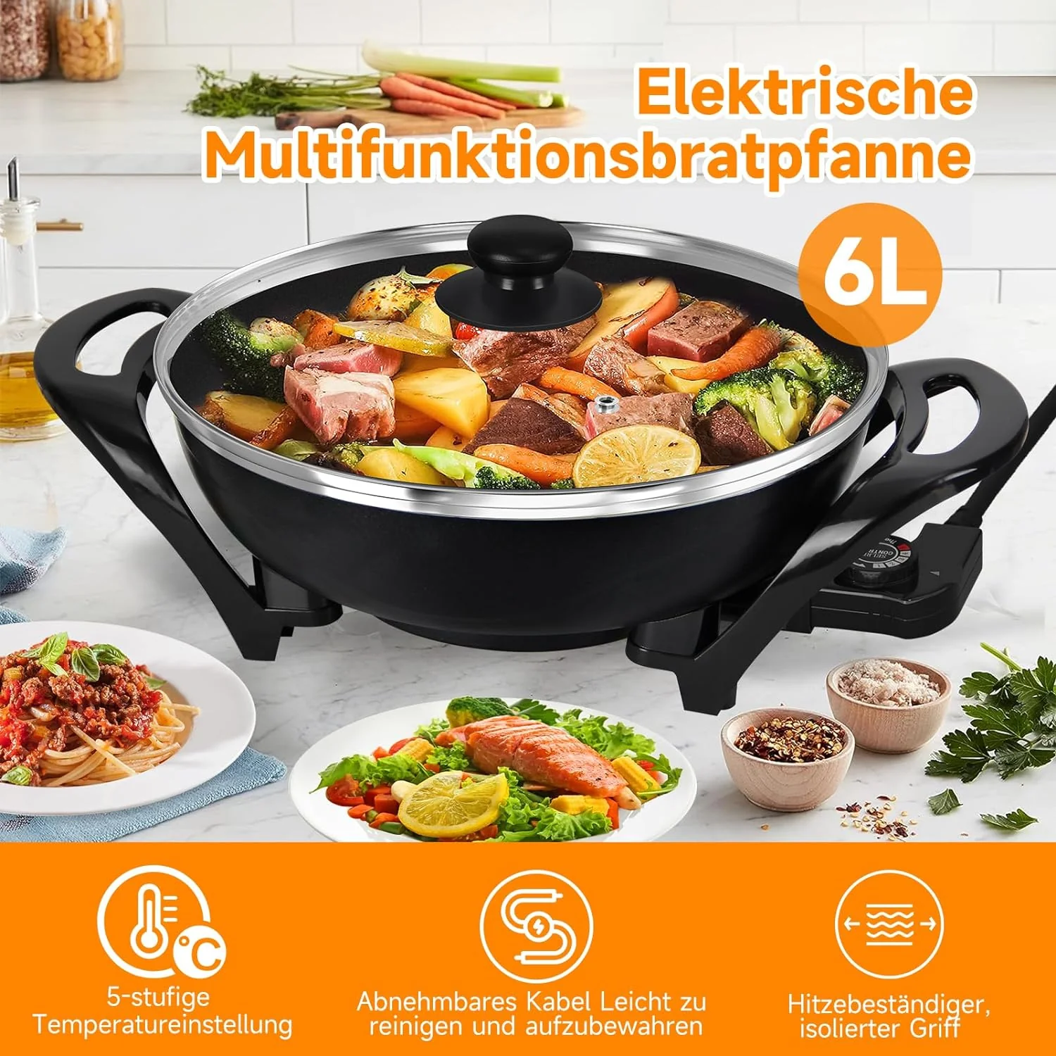 Elektrische pfanne Elektropfanne mit deckel, Elektrische Multipfanne,mit Antihaftbeschichtet - Image 17