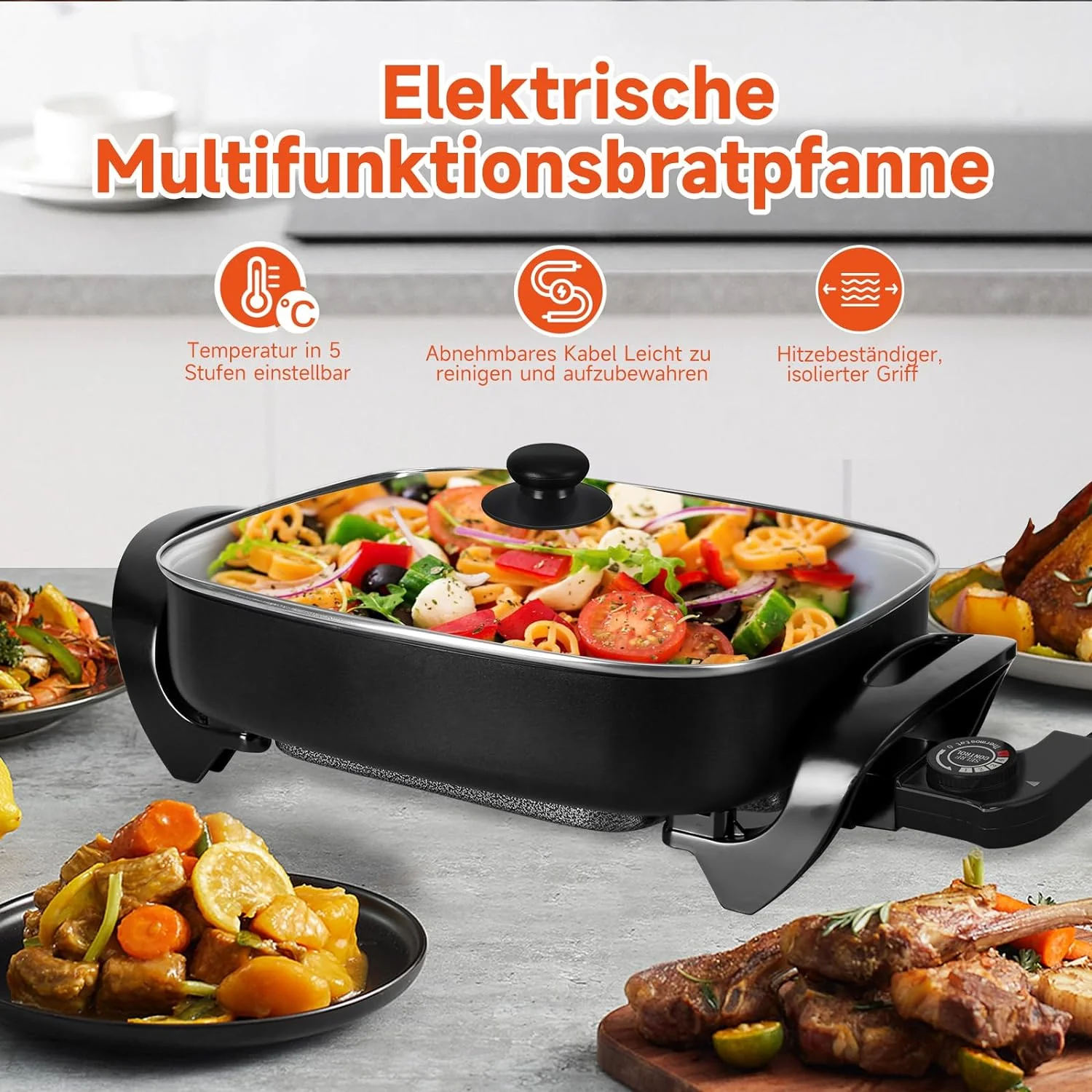 Elektrische pfanne Elektropfanne mit deckel, Elektrische Multipfanne,mit Antihaftbeschichtet - Image 5