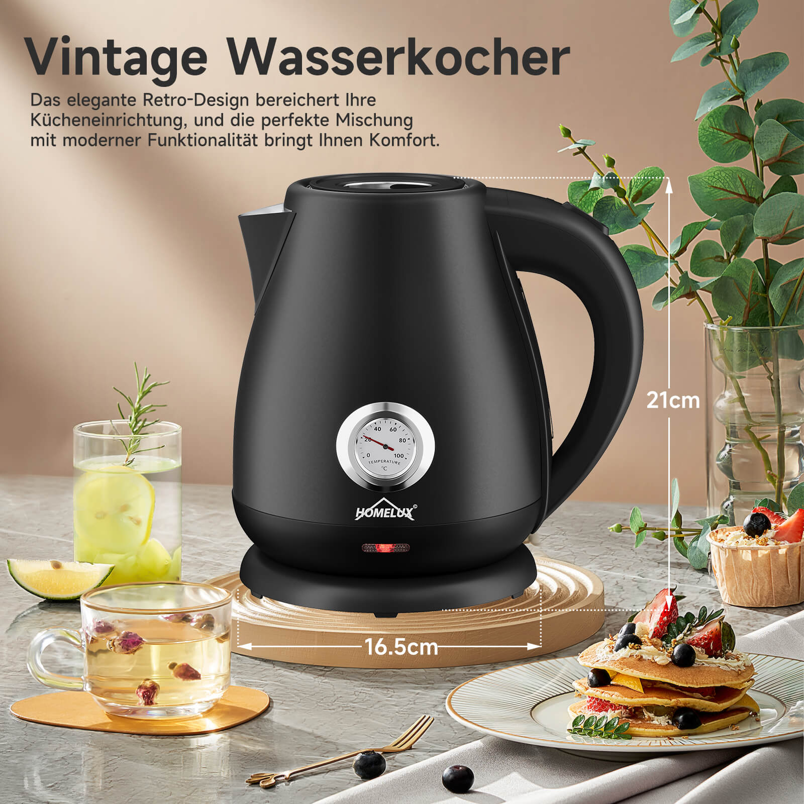 Elektrischer Retro Wasserkocher mit Thermometer – 1,7L, Edelstahl, 2200 Watt - Image 4