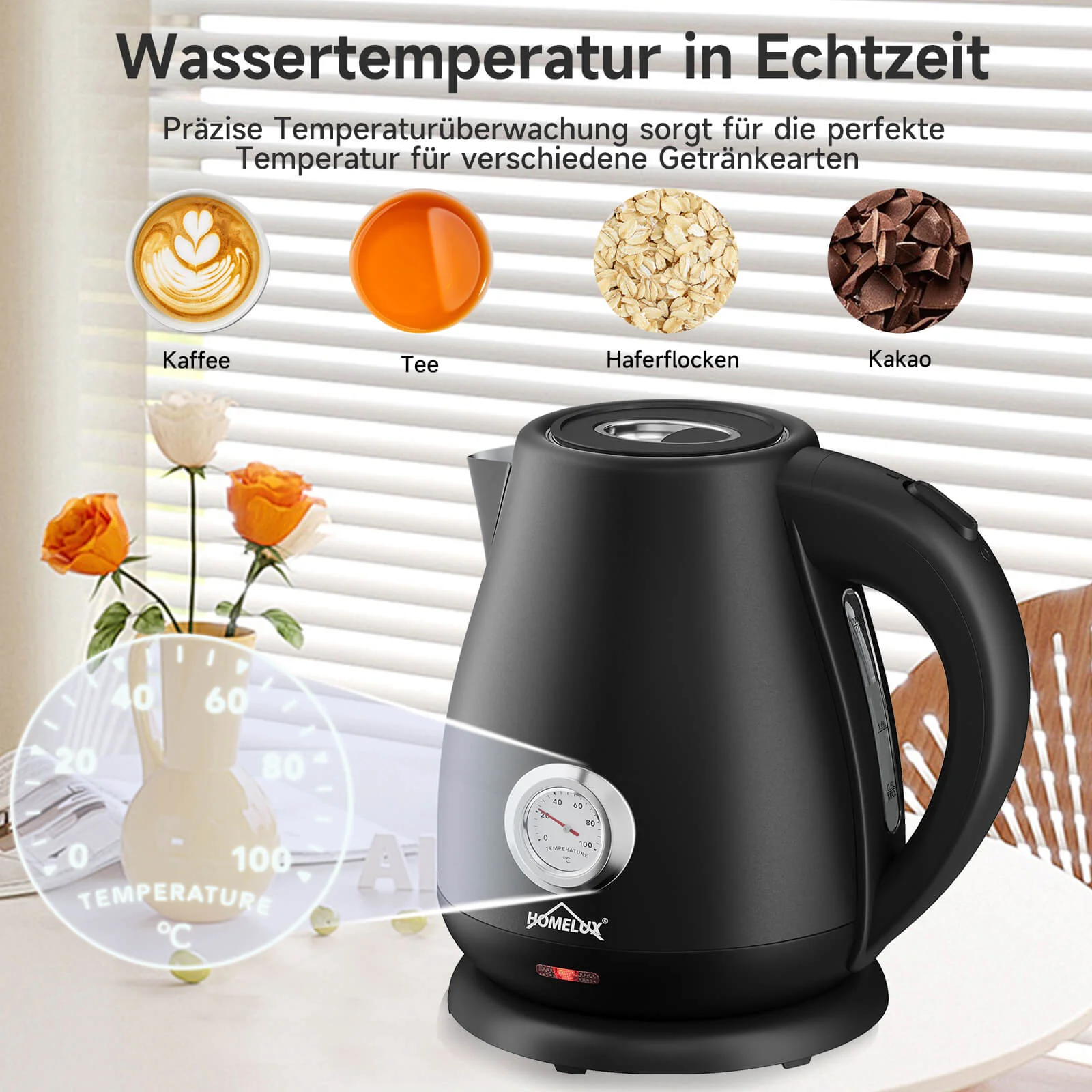 Elektrischer Retro Wasserkocher mit Thermometer – 1,7L, Edelstahl, 2200 Watt - Image 6