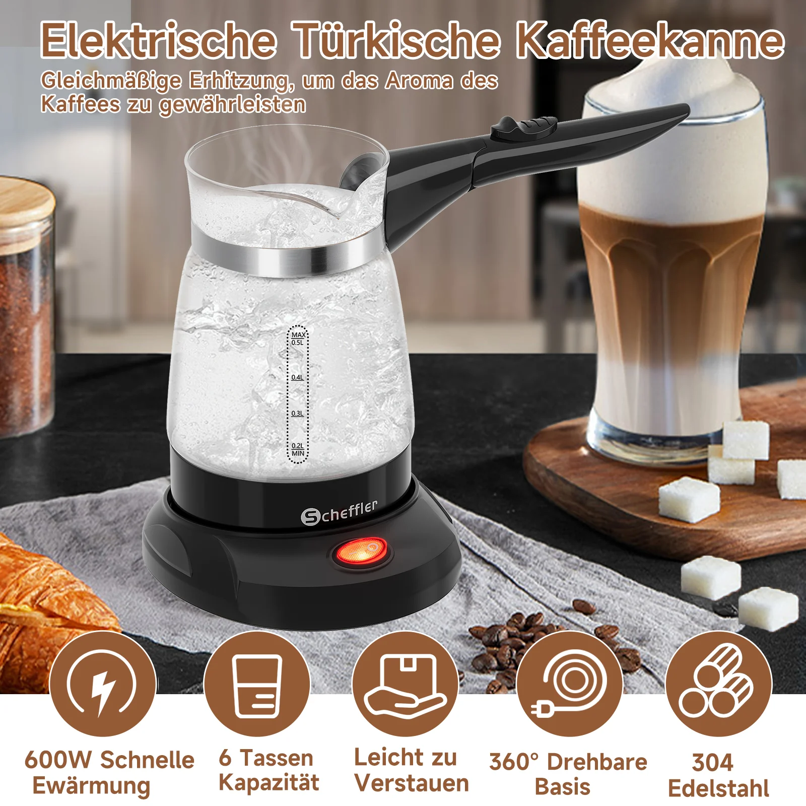 Elektrischer Türkischer Kaffeekocher 600W 0,5L Glas Mokkakocher Espressokocher - Image 3