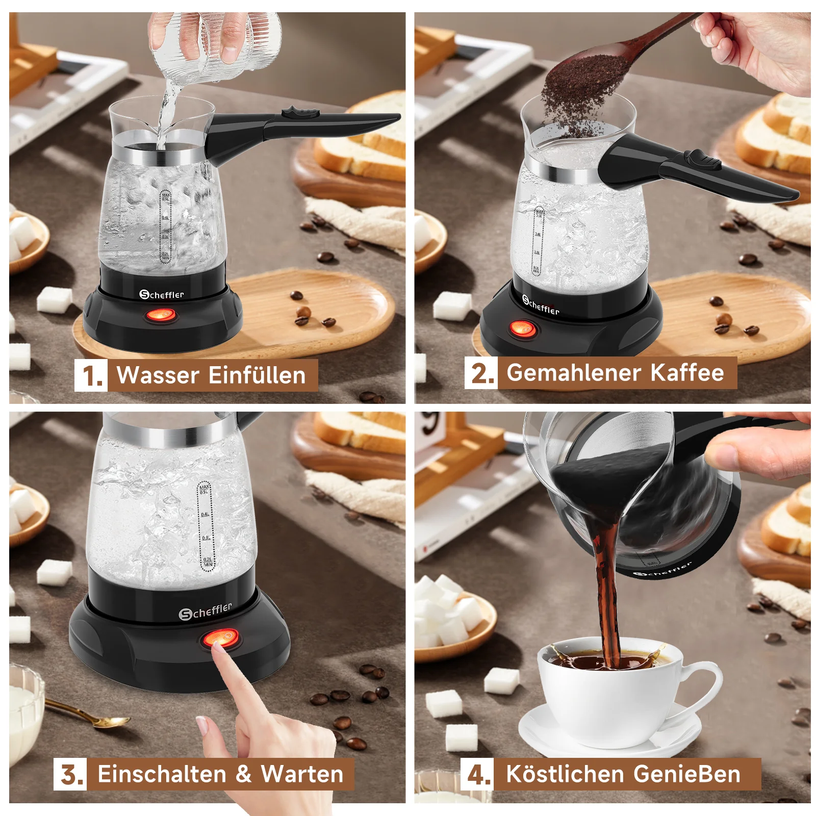 Elektrischer Türkischer Kaffeekocher 600W 0,5L Glas Mokkakocher Espressokocher - Image 5