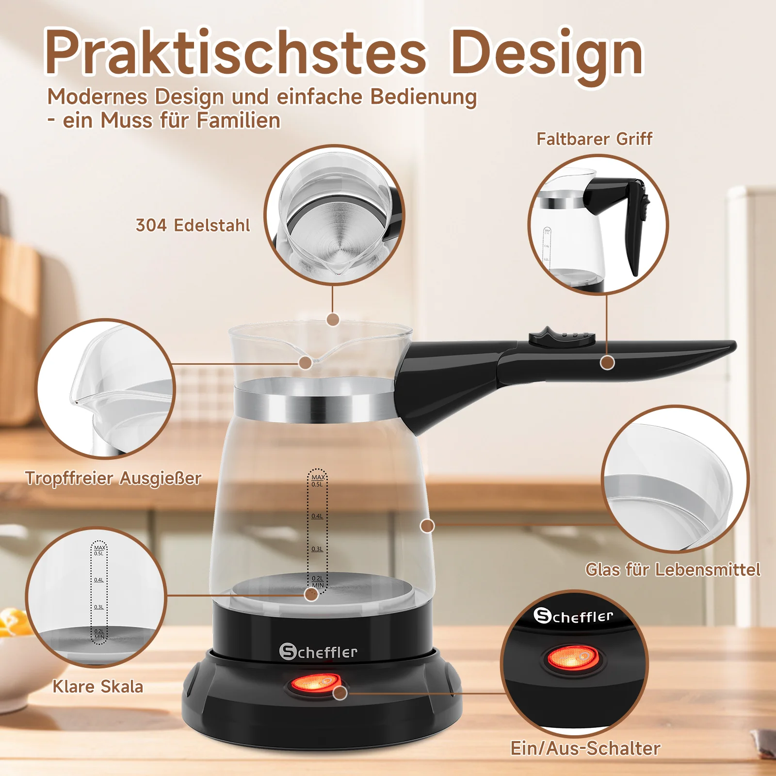 Elektrischer Türkischer Kaffeekocher 600W 0,5L Glas Mokkakocher Espressokocher - Image 6