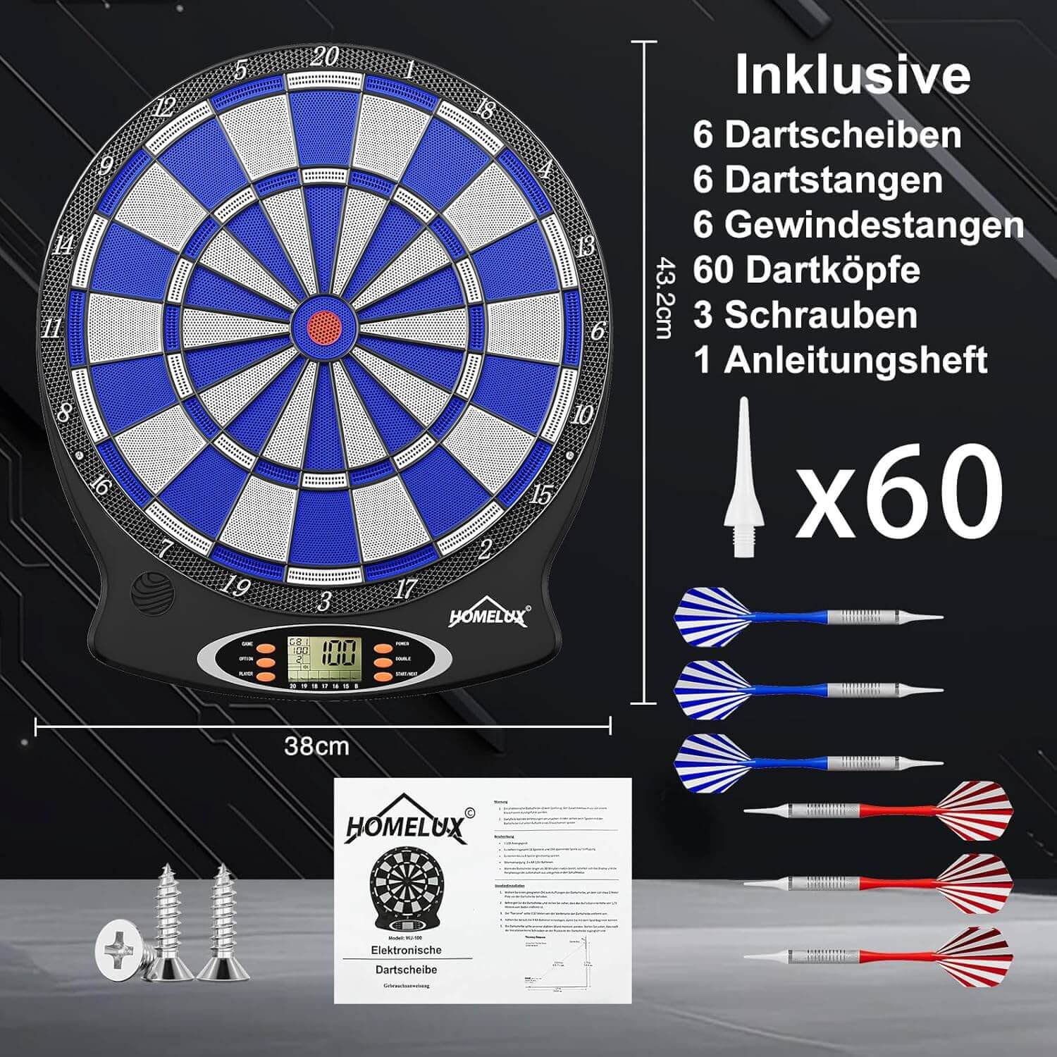 Elektronische Dartscheibe Profi, Elektronisch Dartboard mit 6 Darts + 60 Dartköpfe , innovativer Dartautomat mit 18 Spielen & 159 Variationen - Image 3