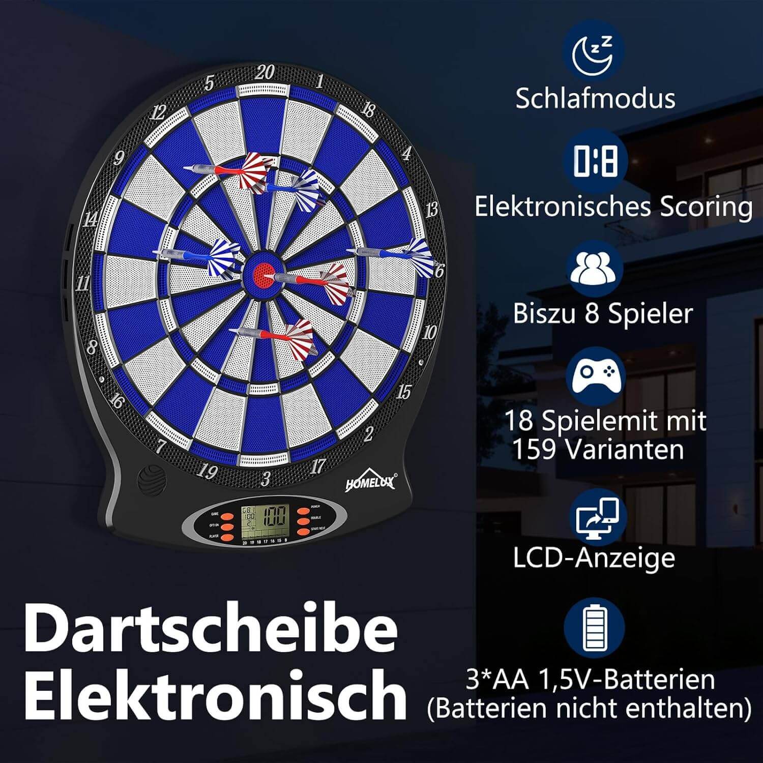 Elektronische Dartscheibe Profi, Elektronisch Dartboard mit 6 Darts + 60 Dartköpfe , innovativer Dartautomat mit 18 Spielen & 159 Variationen - Image 7