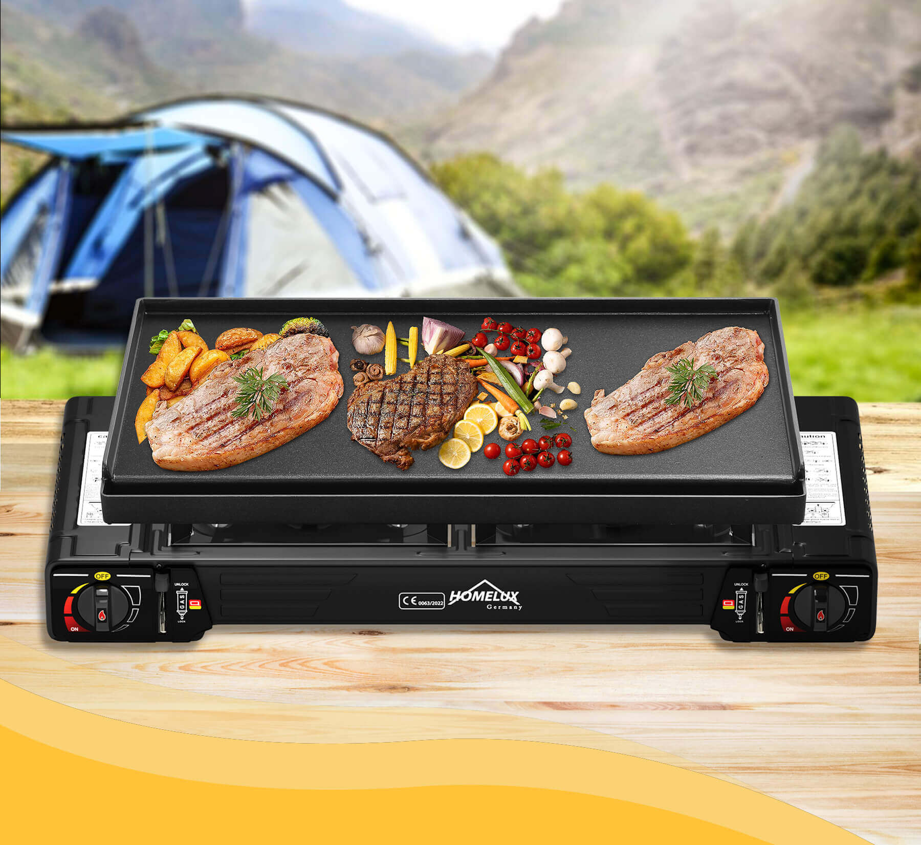 Gaskocher Campingkocher 2-flammig mit Gaskartuschen + 45 x 24 cm Grillplatte - Image 10