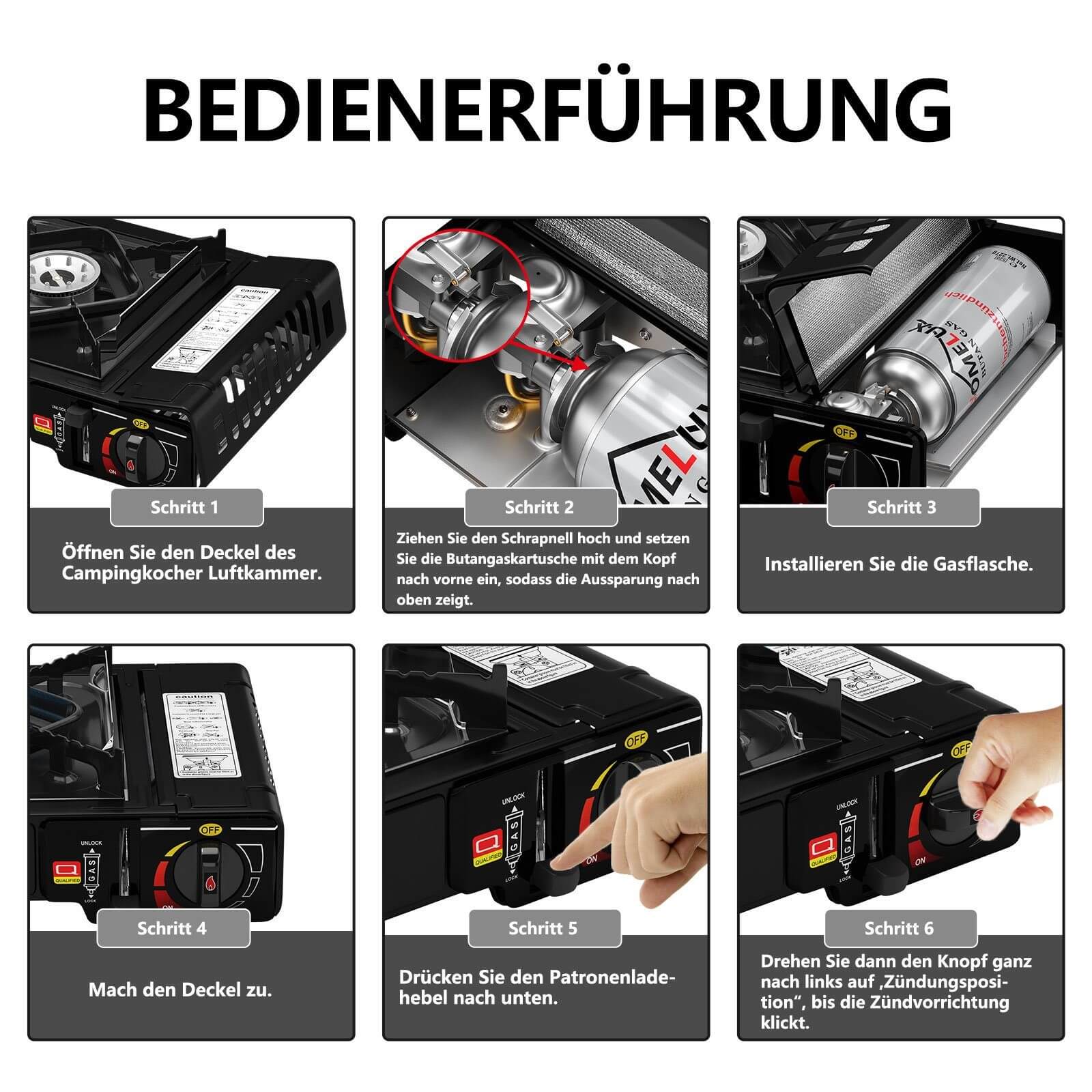 Gaskocher Campingkocher 2-flammig mit Gaskartuschen + 45 x 24 cm Grillplatte - Image 5